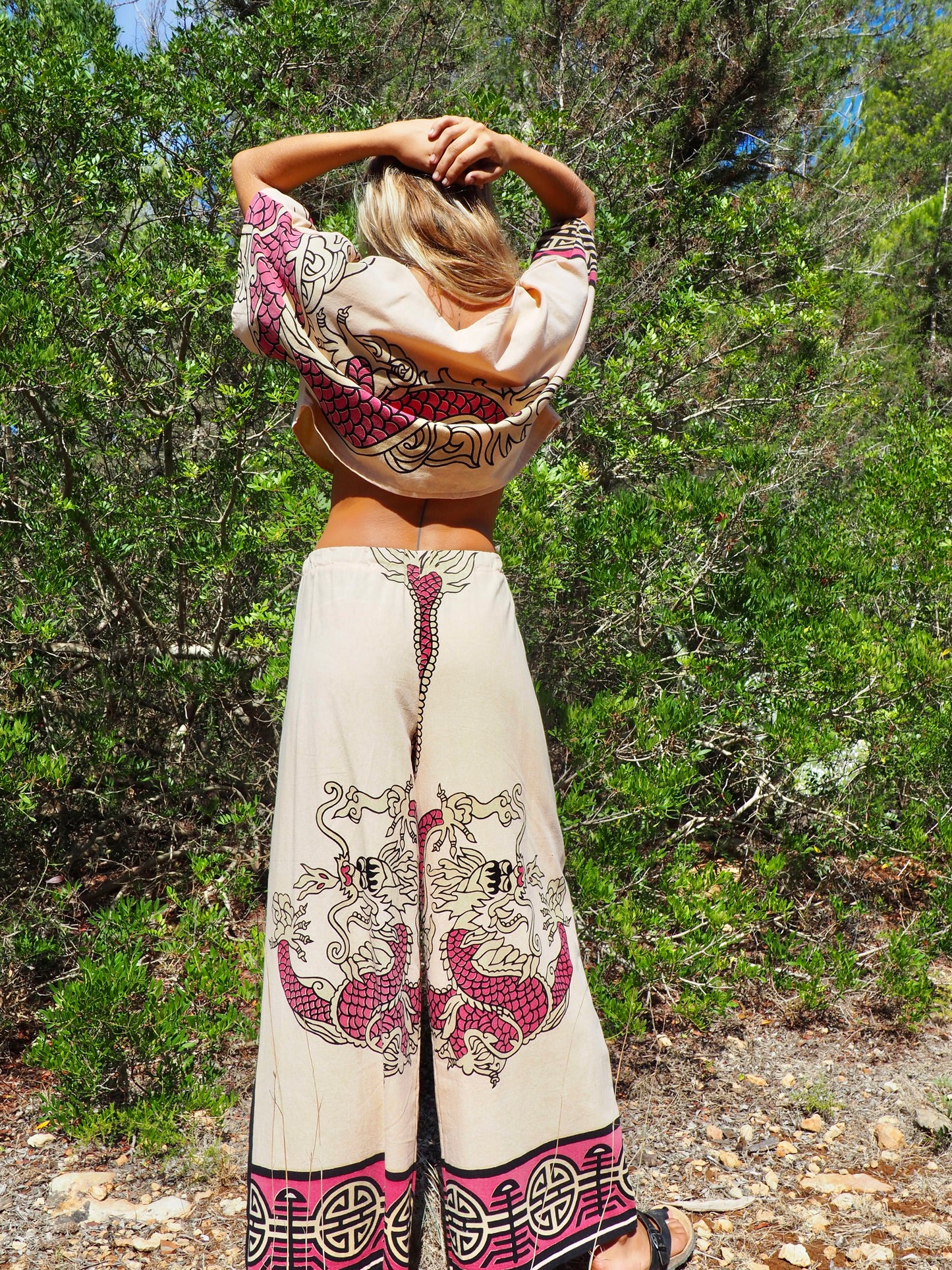 Up-cycled vintage cotton top cream and pink with dragon design by Vagabond Ibiza