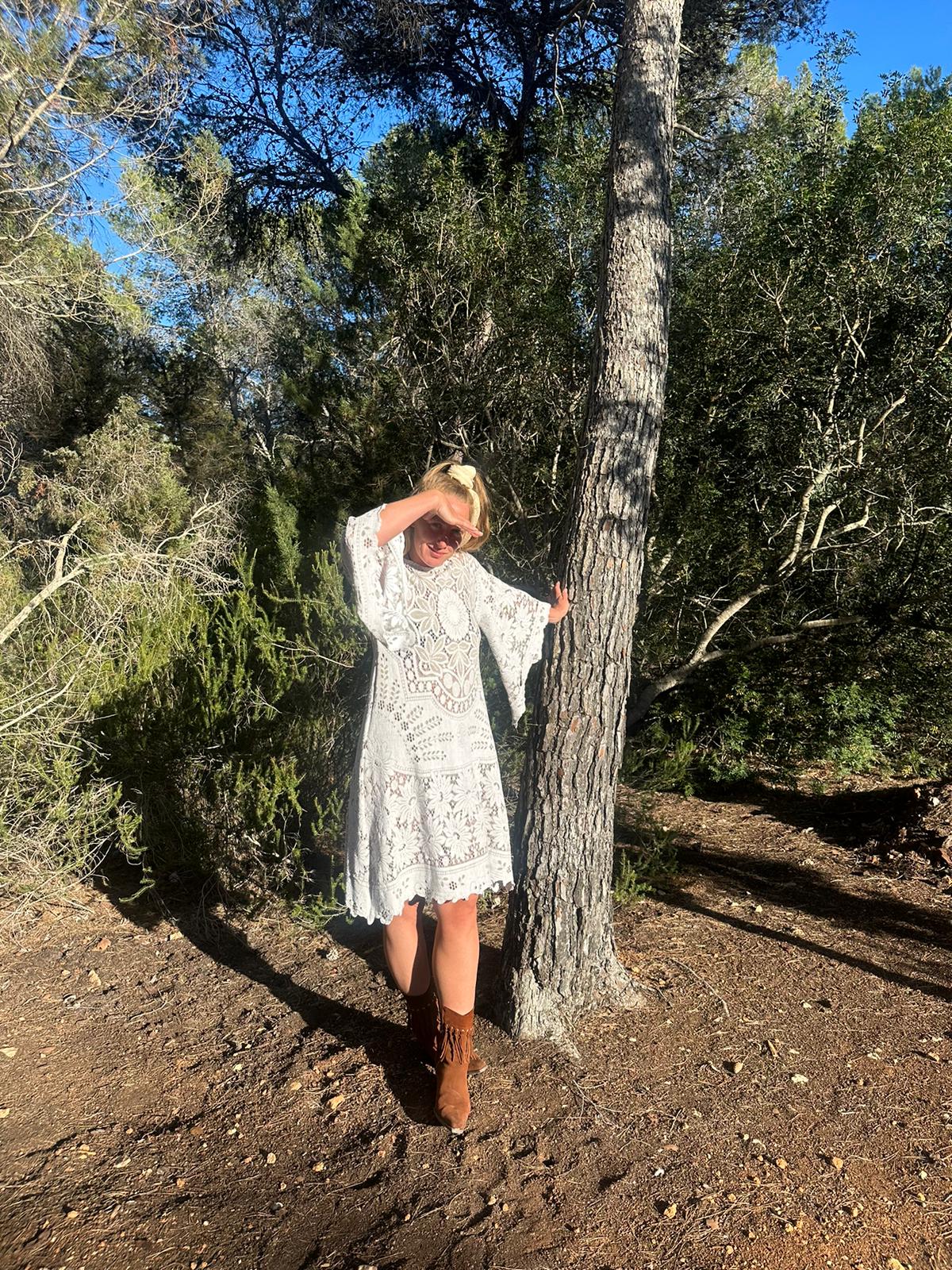 White vintage lace upcycled bell sleeve dress made by Vagabond Ibiza made in Ibiza