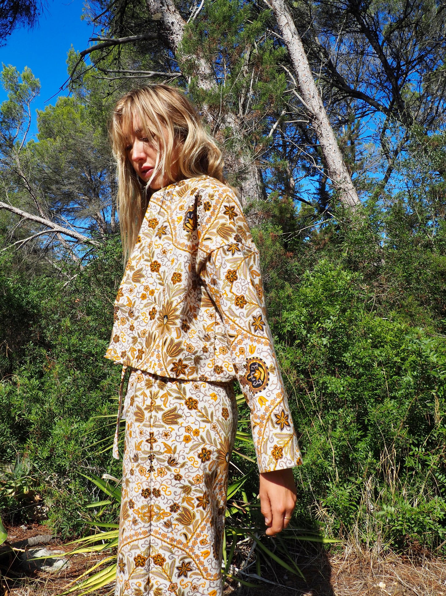 Up-cycled heavy cotton cropped jacket with Cream yellow and black floral printed design the textile is from france very nice quality by Vagabond Ibiza