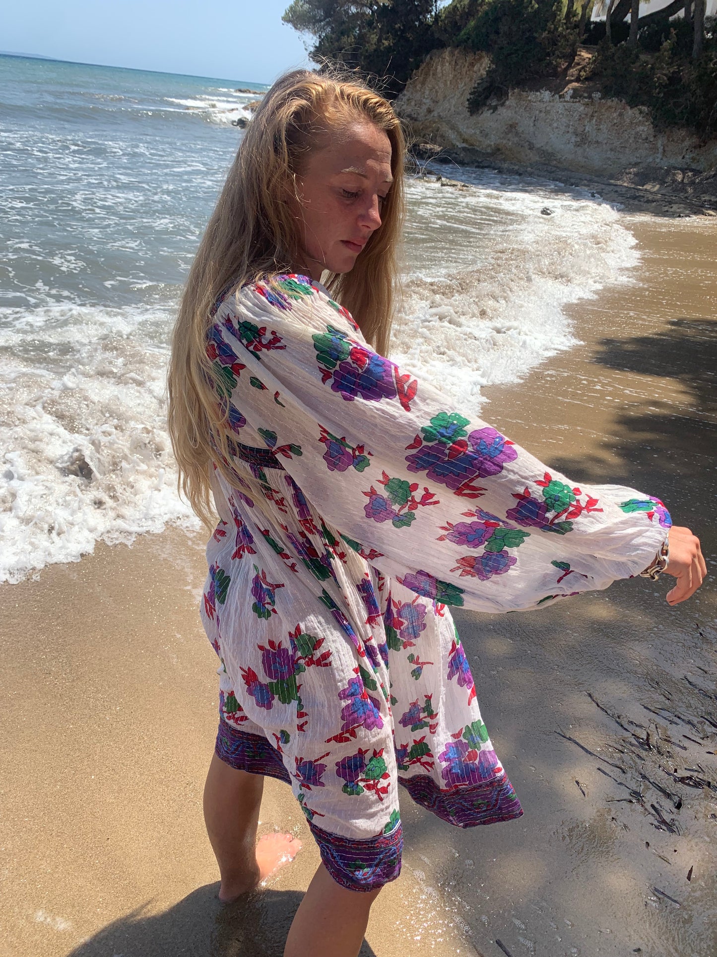 Vintage original rare 1970’s Indian block printed fine cotton dress in white with floral print