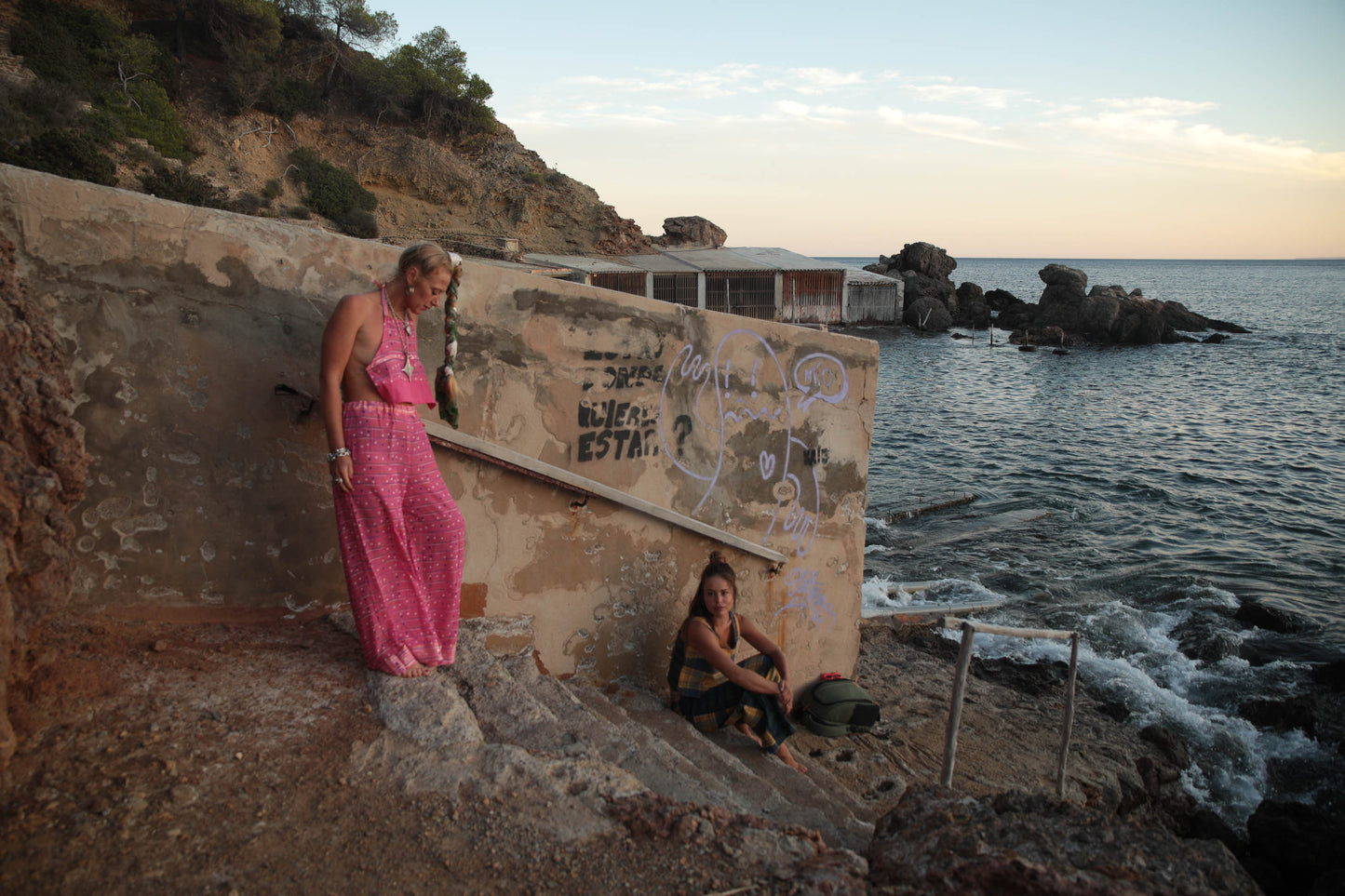 Up-cycled vintage cotton 2 piece set tie top and pants in super thin lightweight pink printed cotton perfect for beach days and vibes around Ibiza town.