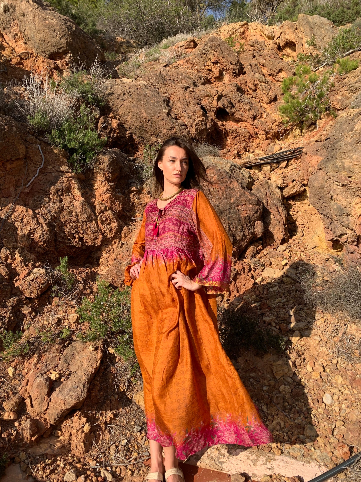 The Vadella Up-cycled Vintage Re-cycled Sari Maxi Dress – Sustainable Boho Dress with Tie Neck Detail + Matching Scrunchy & Bag