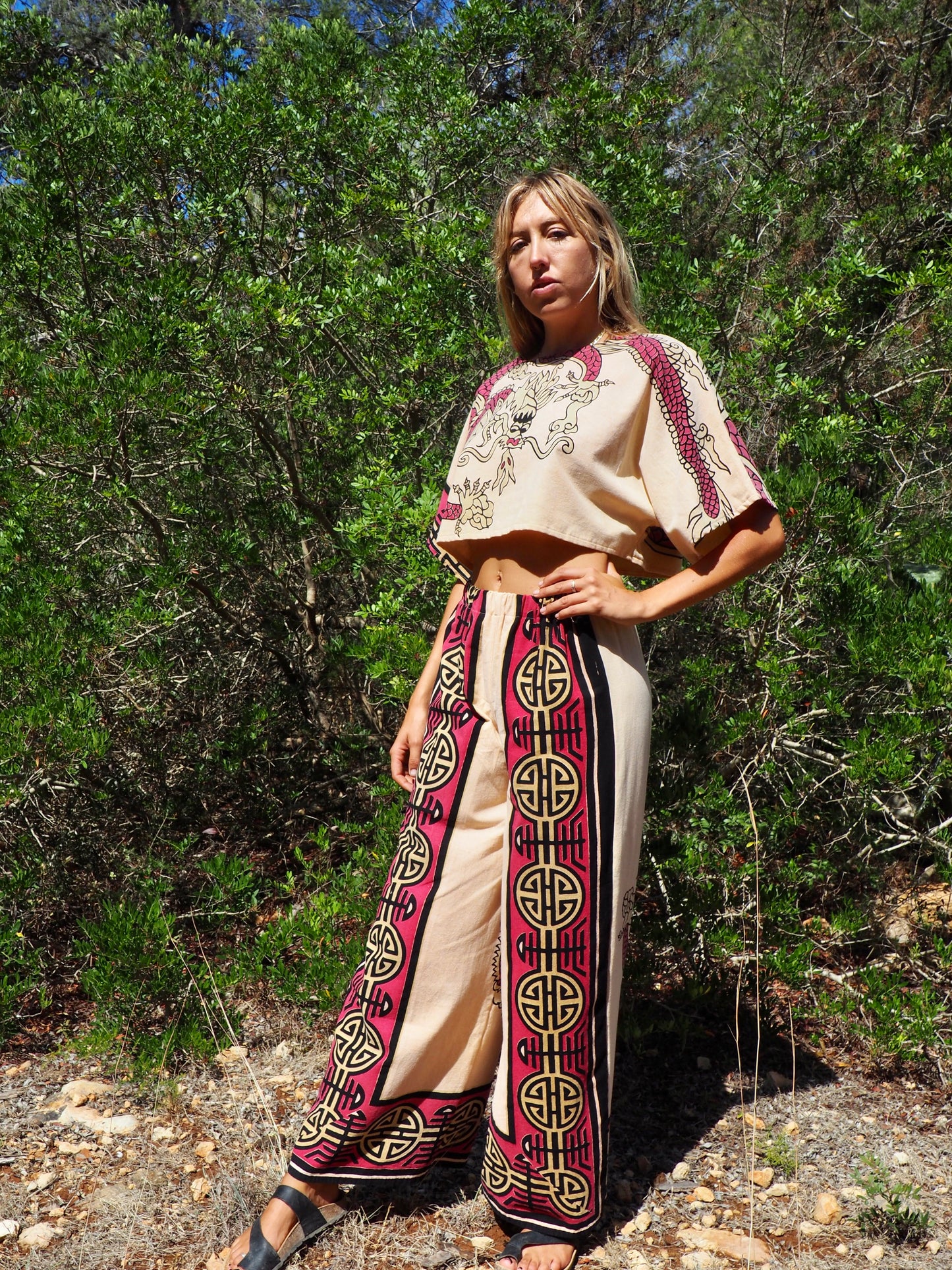 Up-cycled vintage cotton top cream and pink with dragon design by Vagabond Ibiza