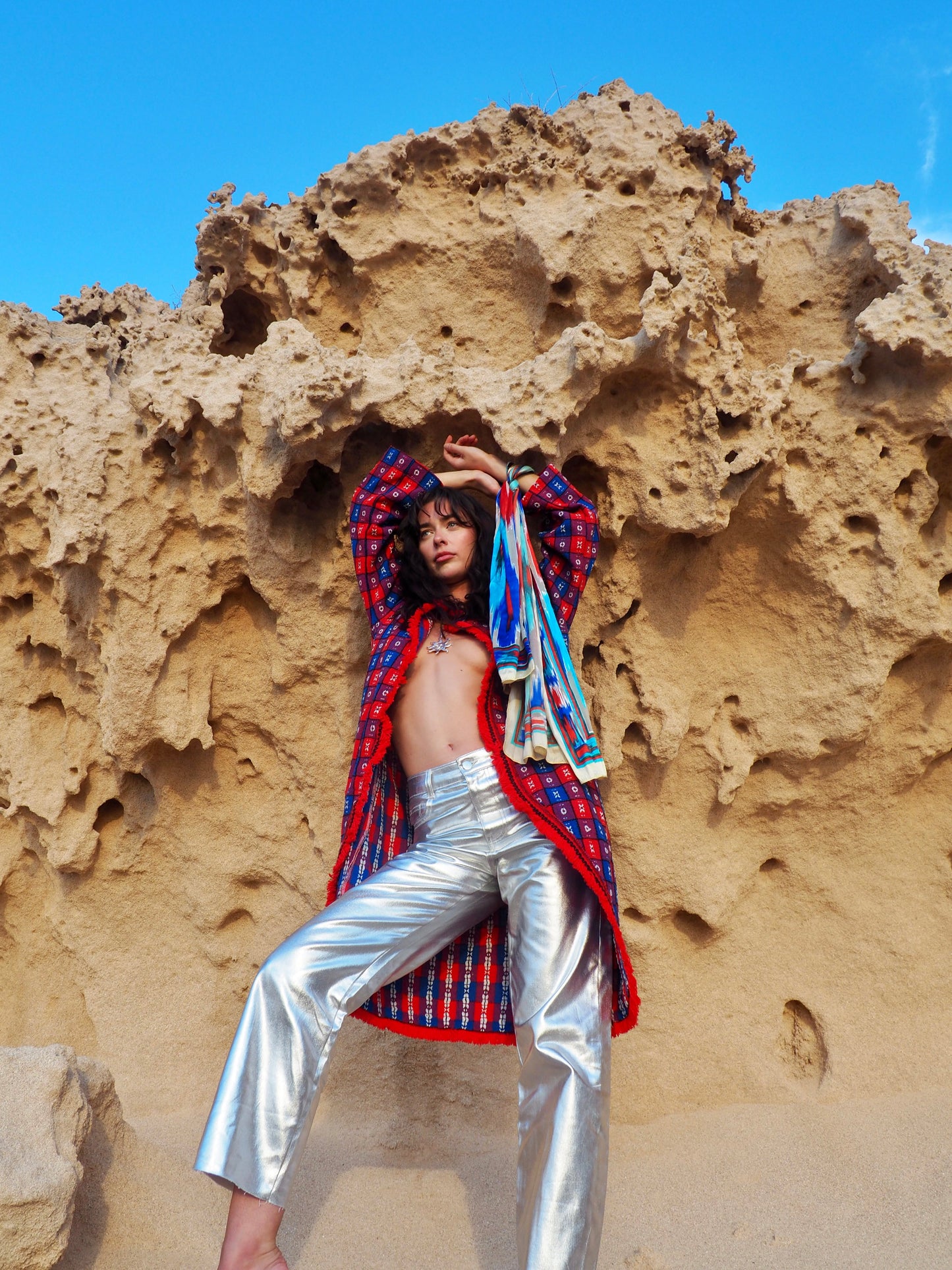 Upcycled Vintage Long Full Jacket in Red and Blue - Made by Vagabond Ibiza