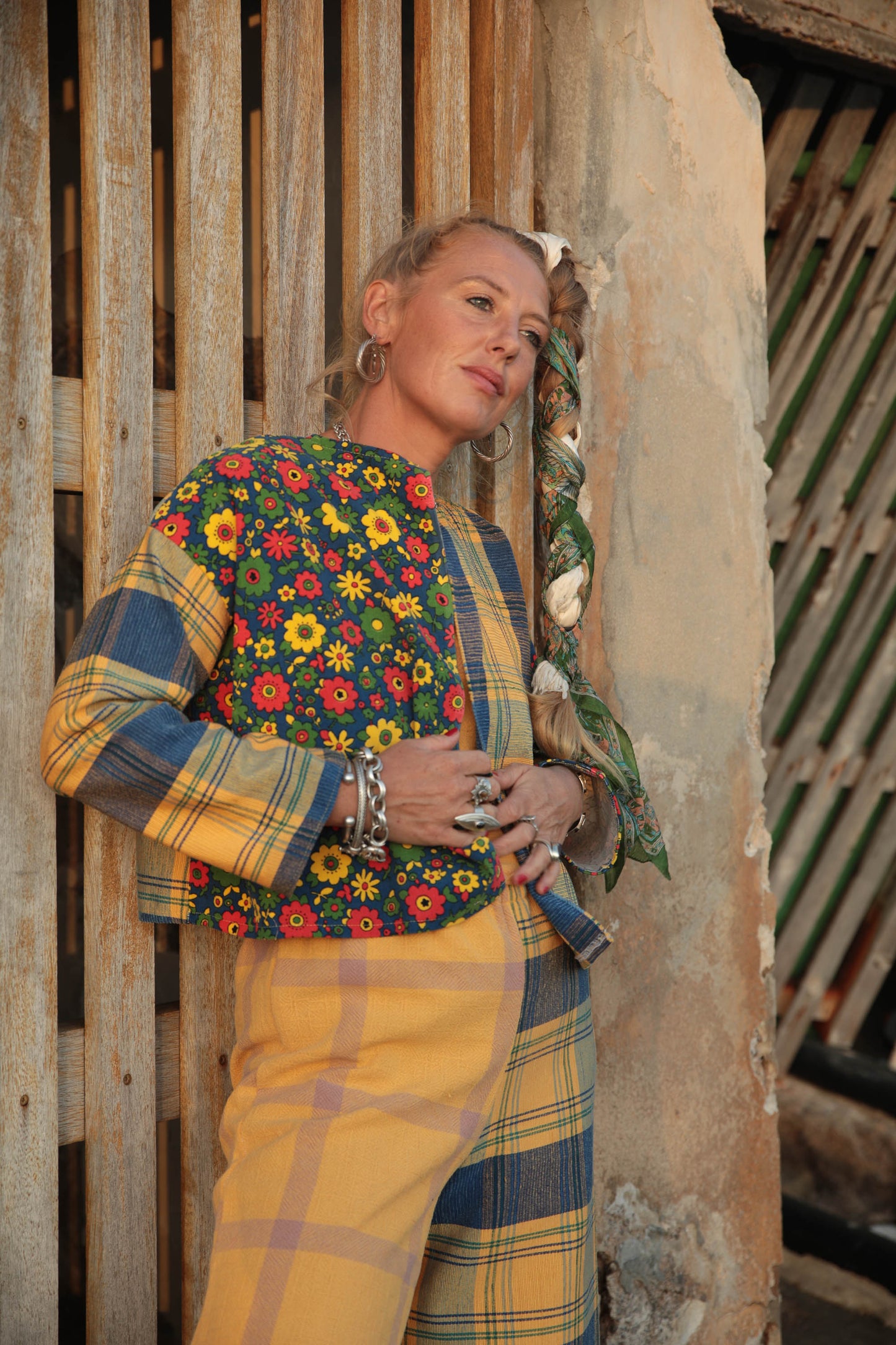 Up-cycled vintage yellow check cotton patchwork jackets with retro 1970’s floral print textiles panel's made by Vagabond Ibiza