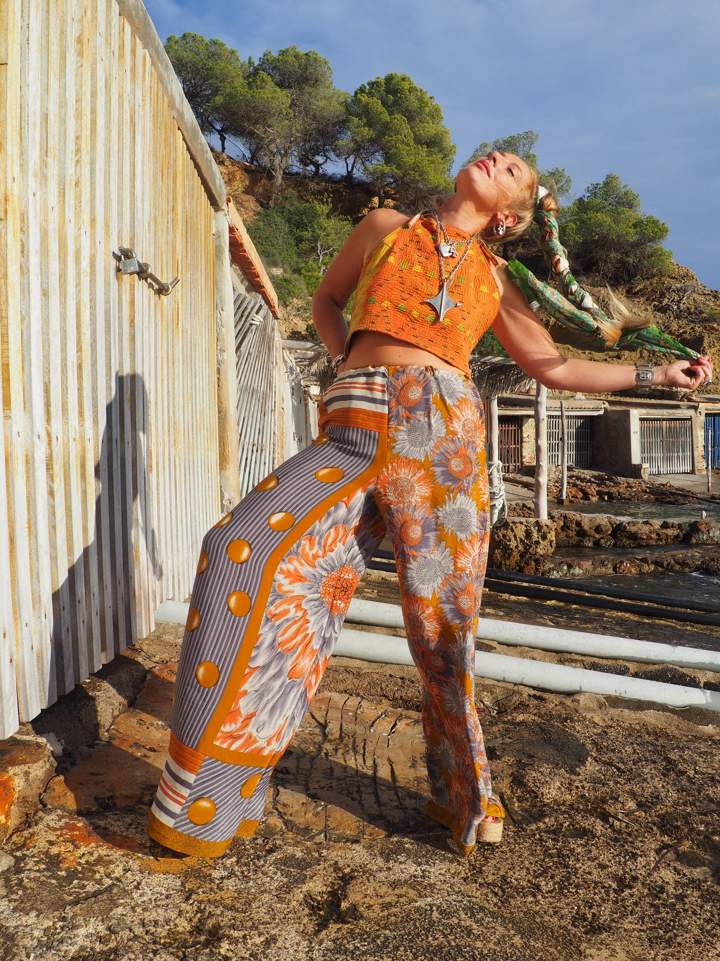 Wide leg pants with elastic waste made by vagabond Ibiza from vintage fabric off cuts