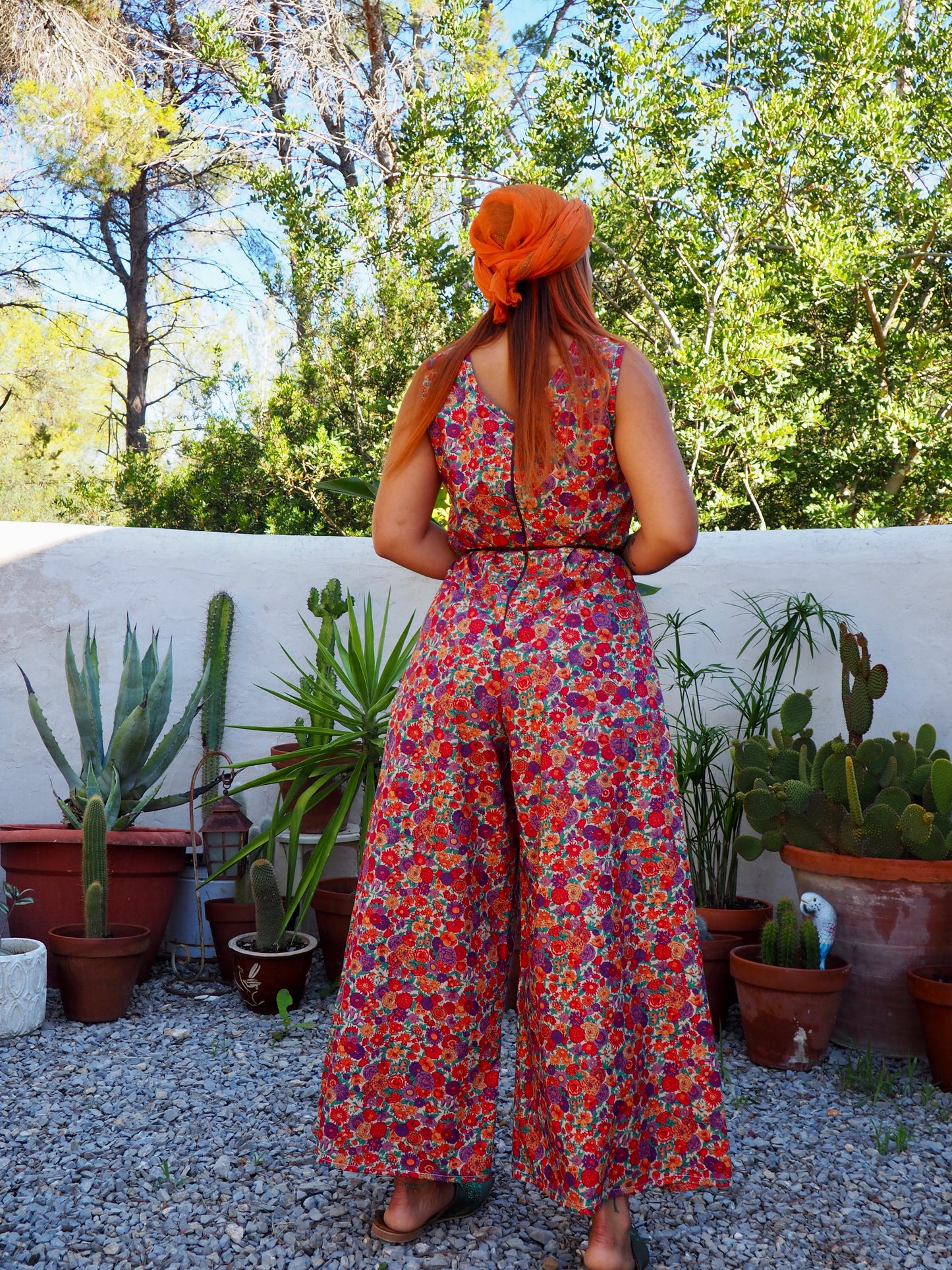 Vintage floral printed jumpsuits with wide leg pants and zip in back for fit up-cycled by Vagabond Ibiza