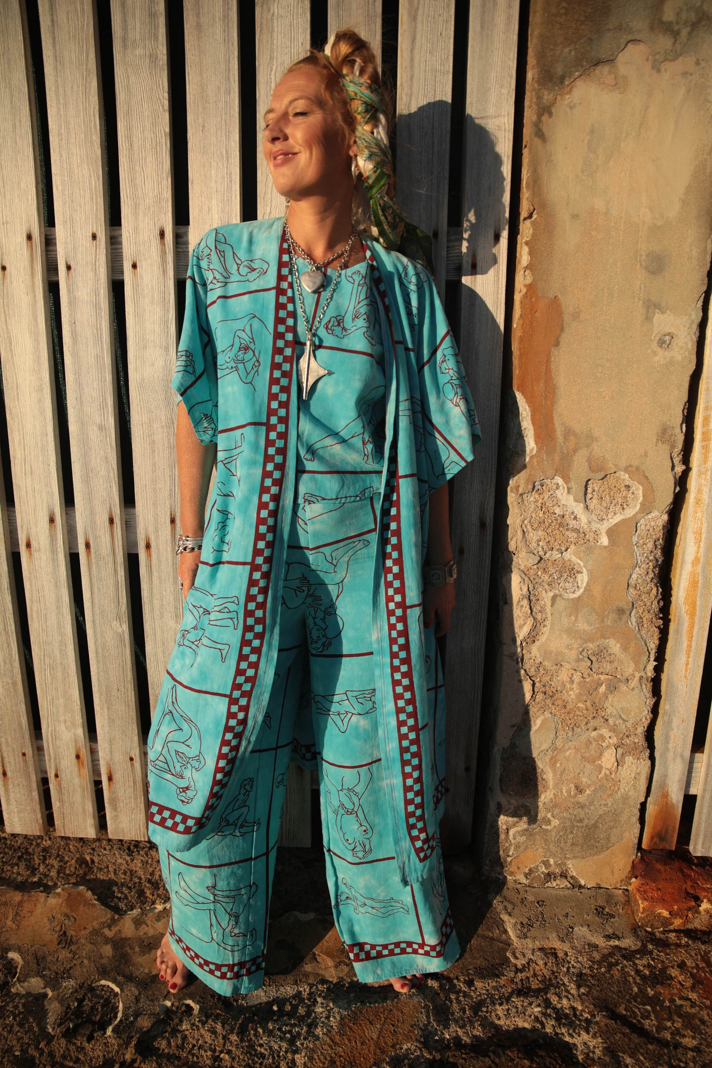 Up-cycled vintage cotton 2 piece set top and length kimono cover up with printed karma sutra design in bright blue pants sold separate