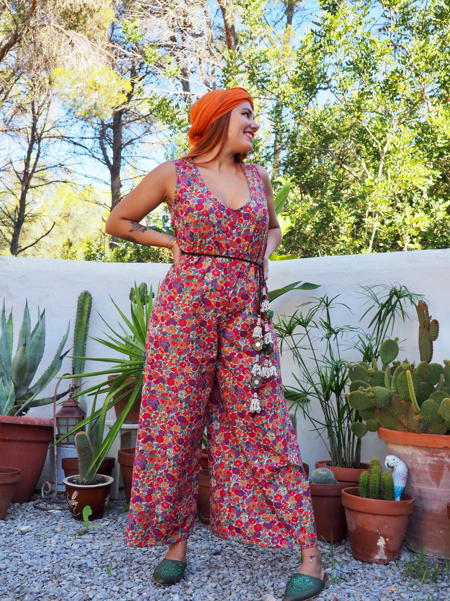 Vintage floral printed jumpsuits with wide leg pants and zip in back for fit up-cycled by Vagabond Ibiza