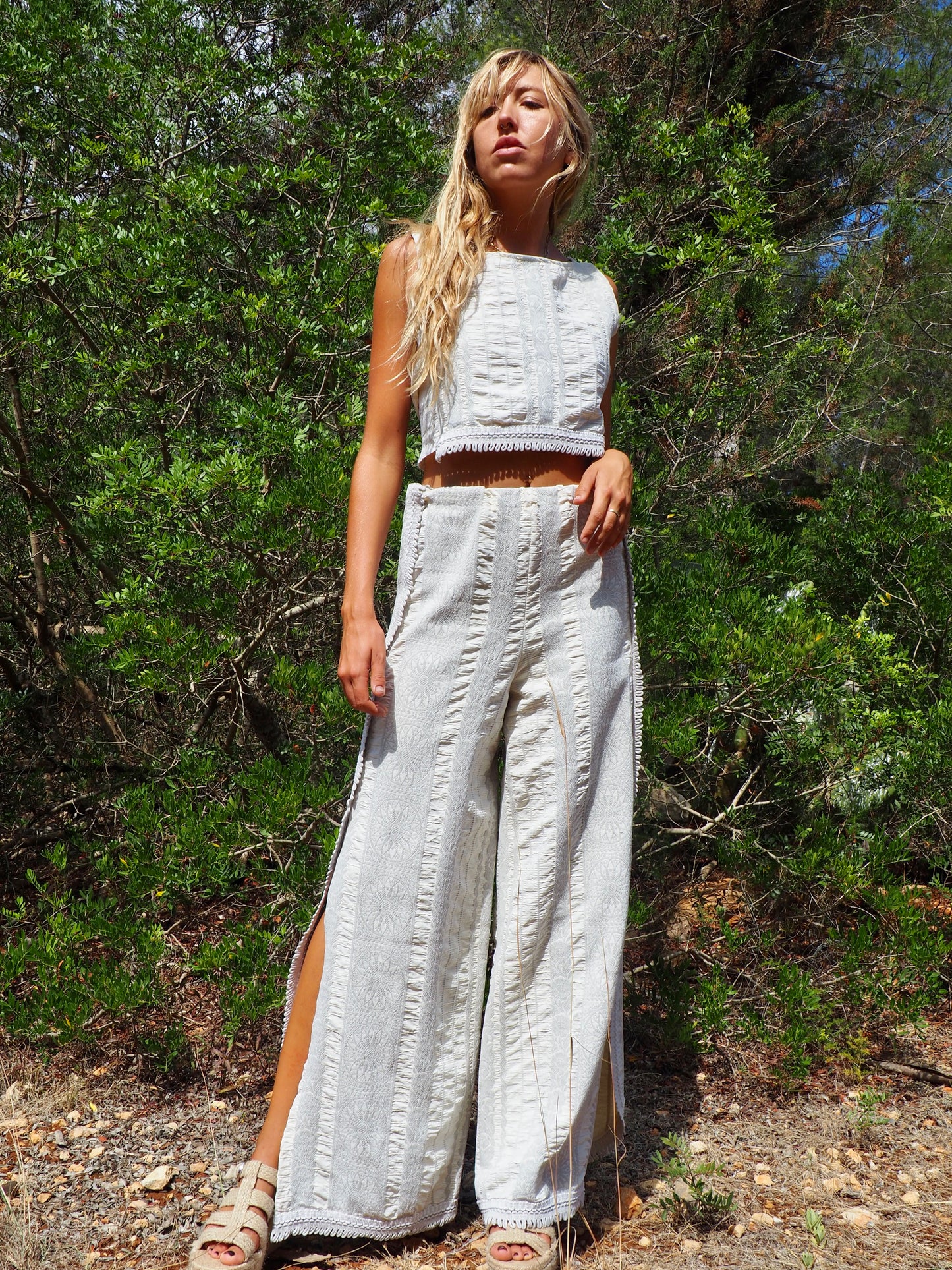Up-cycled heavy cream and gray cotton woven textile reversible crop top for 2 different styles made by Vagabond Ibiza