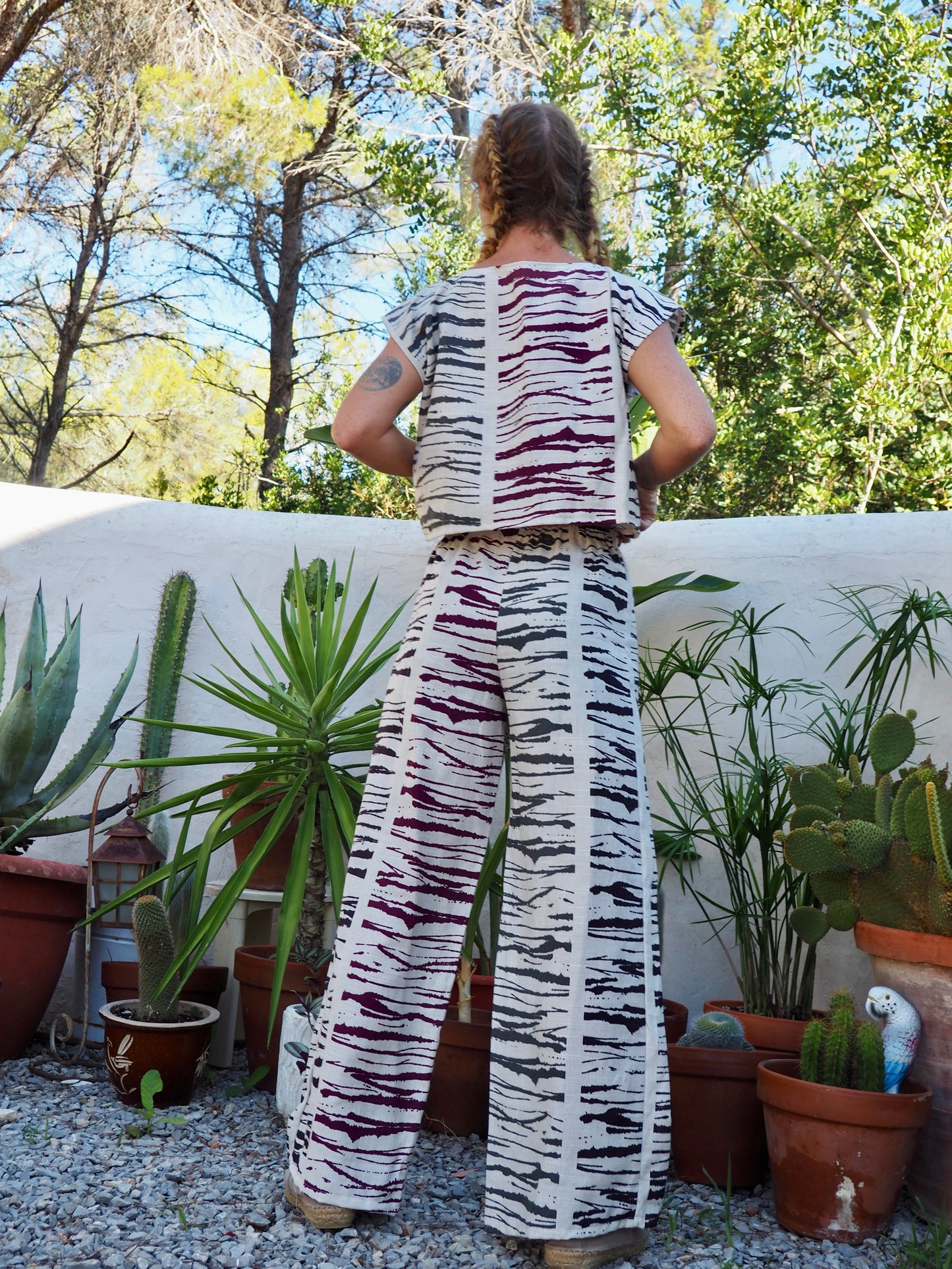 Super nice linen fabric with abstract print up-cycled t-shirt top made by Vagabond Ibiza