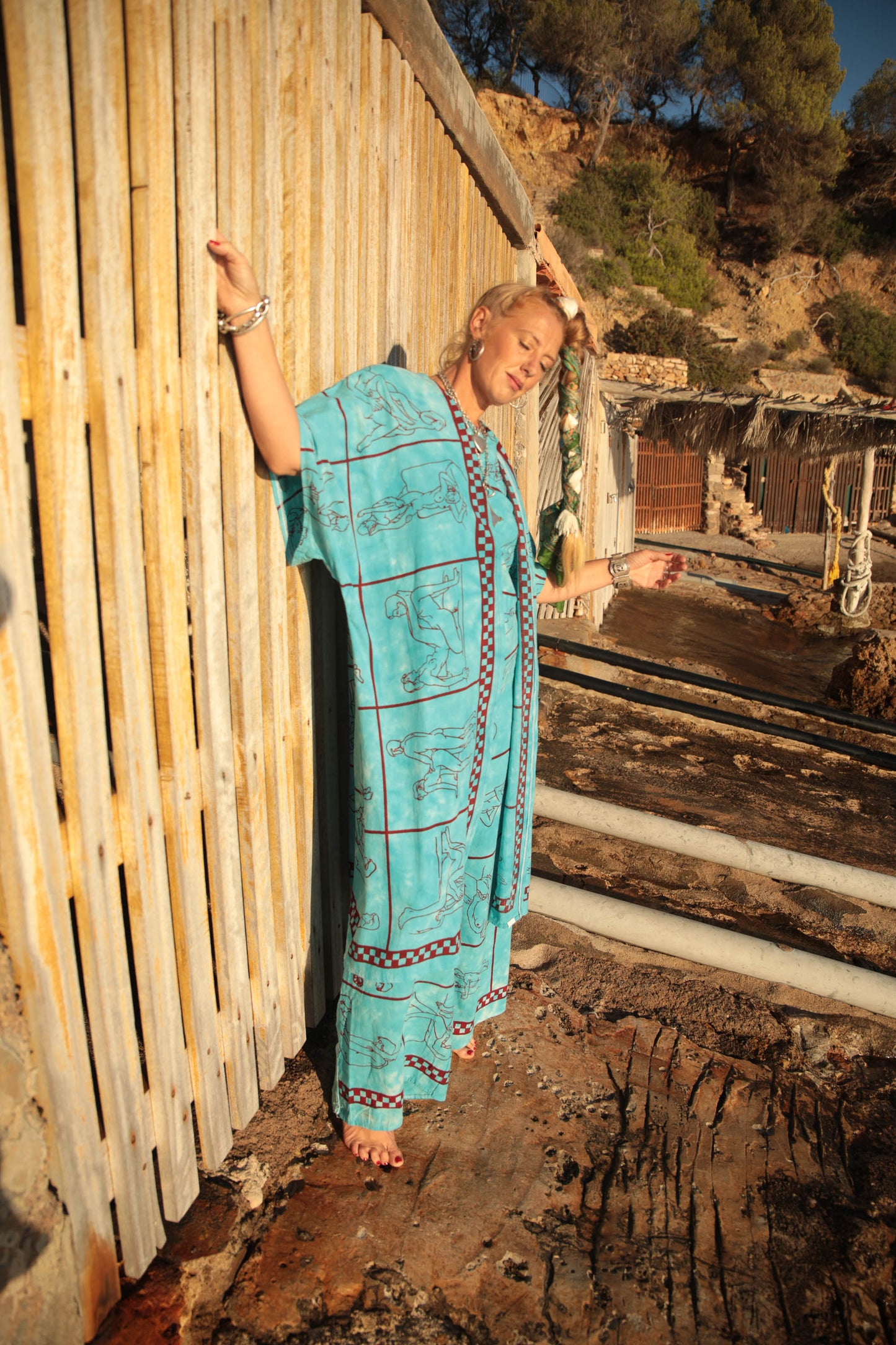 Up-cycled vintage cotton 2 piece set top and length kimono cover up with printed karma sutra design in bright blue pants sold separate