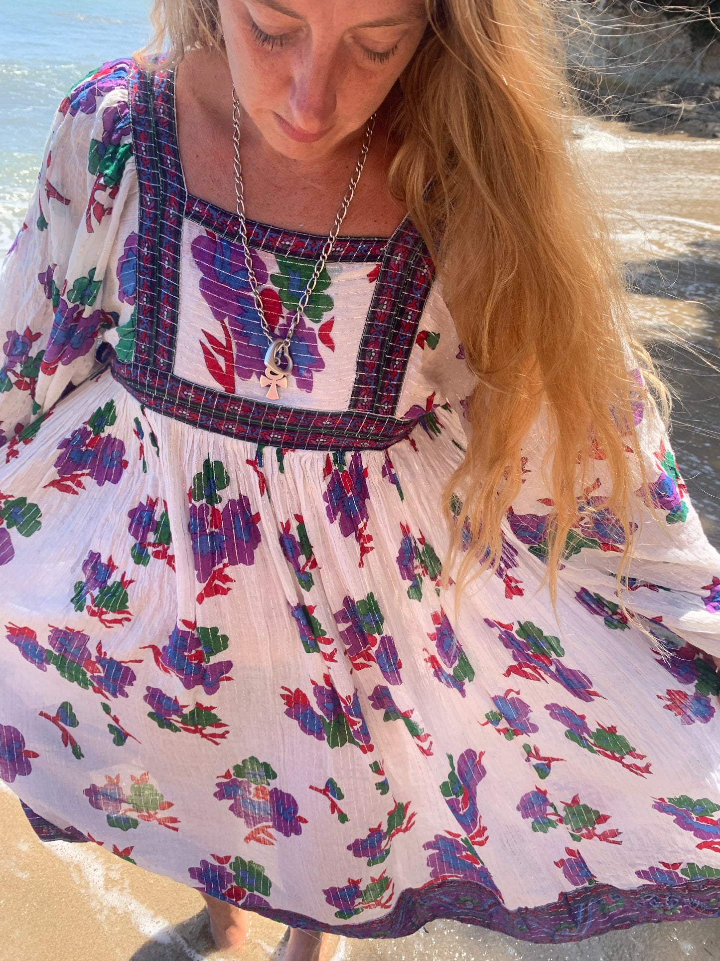 Vintage original rare 1970’s Indian block printed fine cotton dress in white with floral print