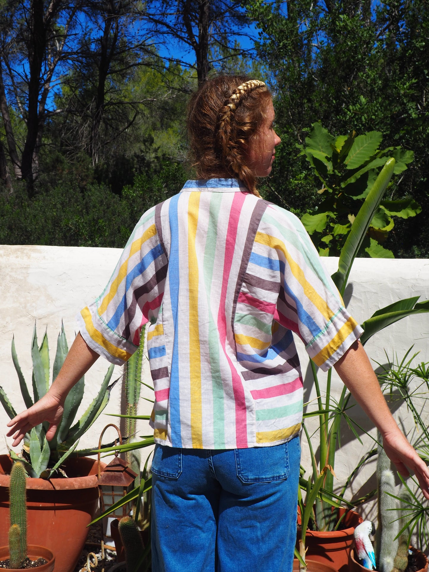 Vintage early 80’s fine cotton rainbow striped shirt with 80’s style sleeve details
