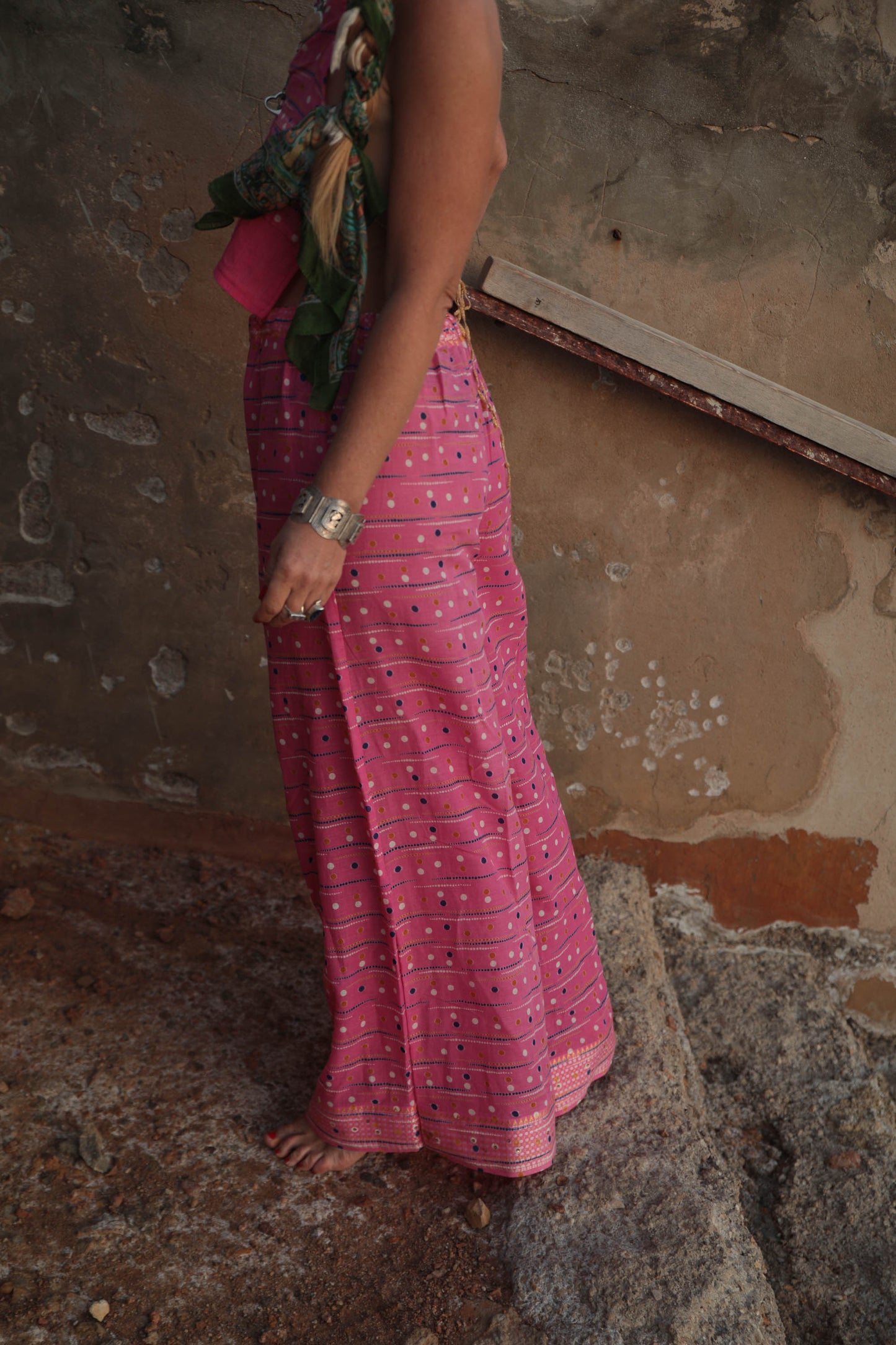 Up-cycled vintage cotton 2 piece set tie top and pants in super thin lightweight pink printed cotton perfect for beach days and vibes around Ibiza town.