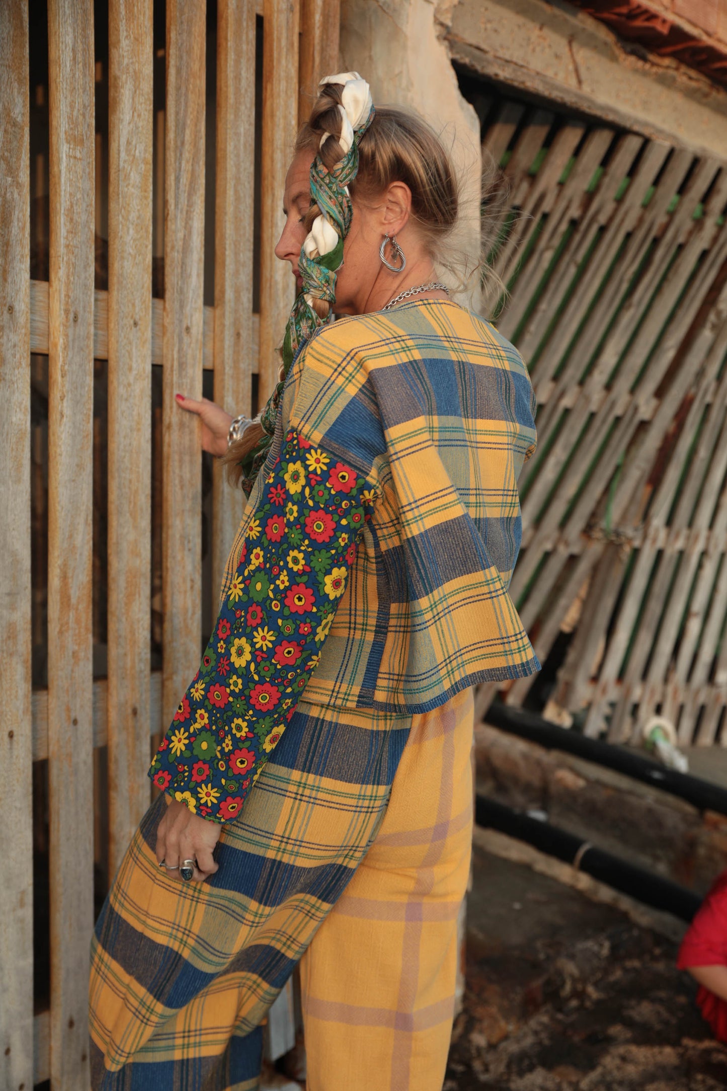 Up-cycled vintage yellow check cotton patchwork jackets with retro 1970’s floral print textiles panel's made by Vagabond Ibiza