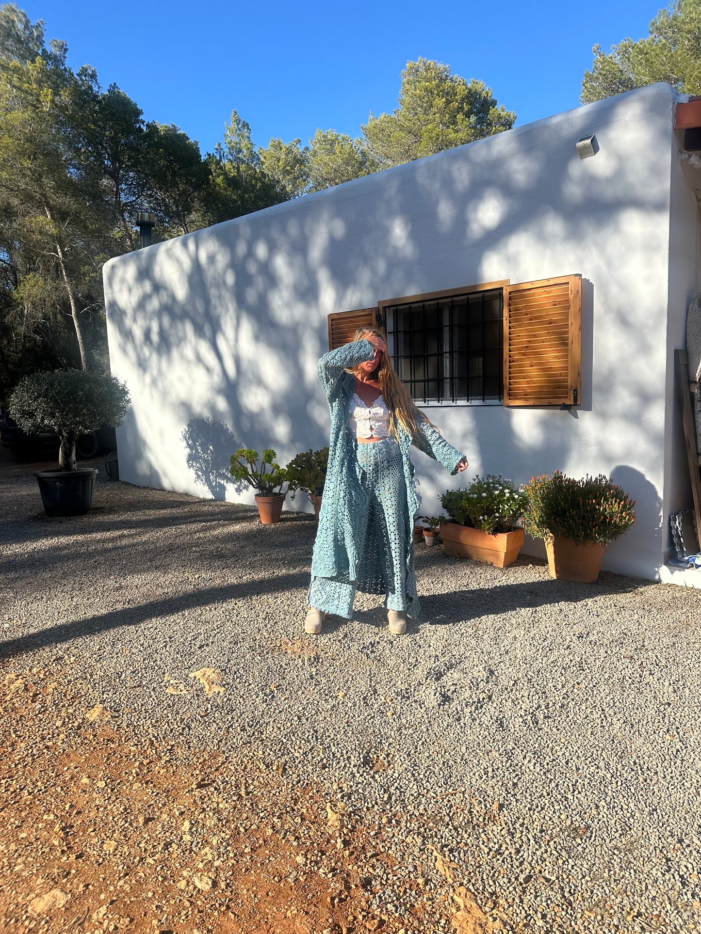 Vintage crochet textiles up-cycled wide leg pants dyed and made by vagabond Ibiza at our studio