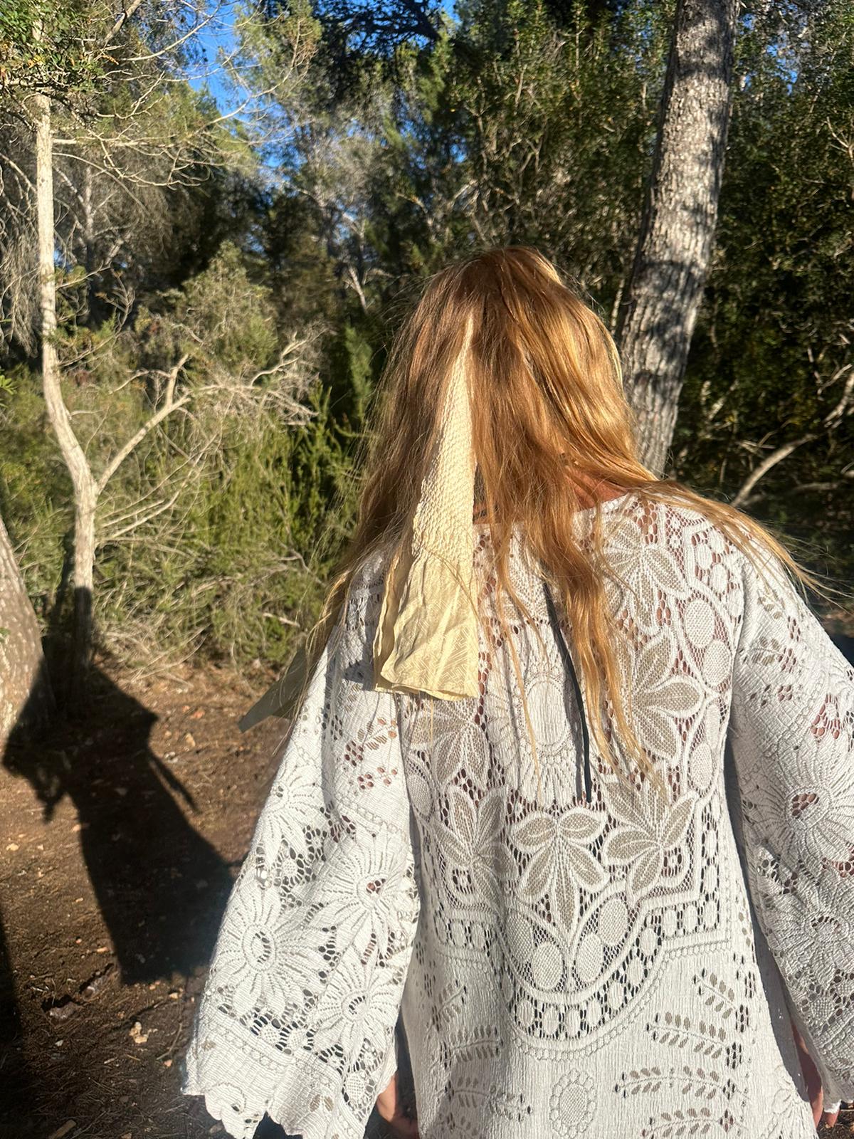 White vintage lace upcycled bell sleeve dress made by Vagabond Ibiza made in Ibiza