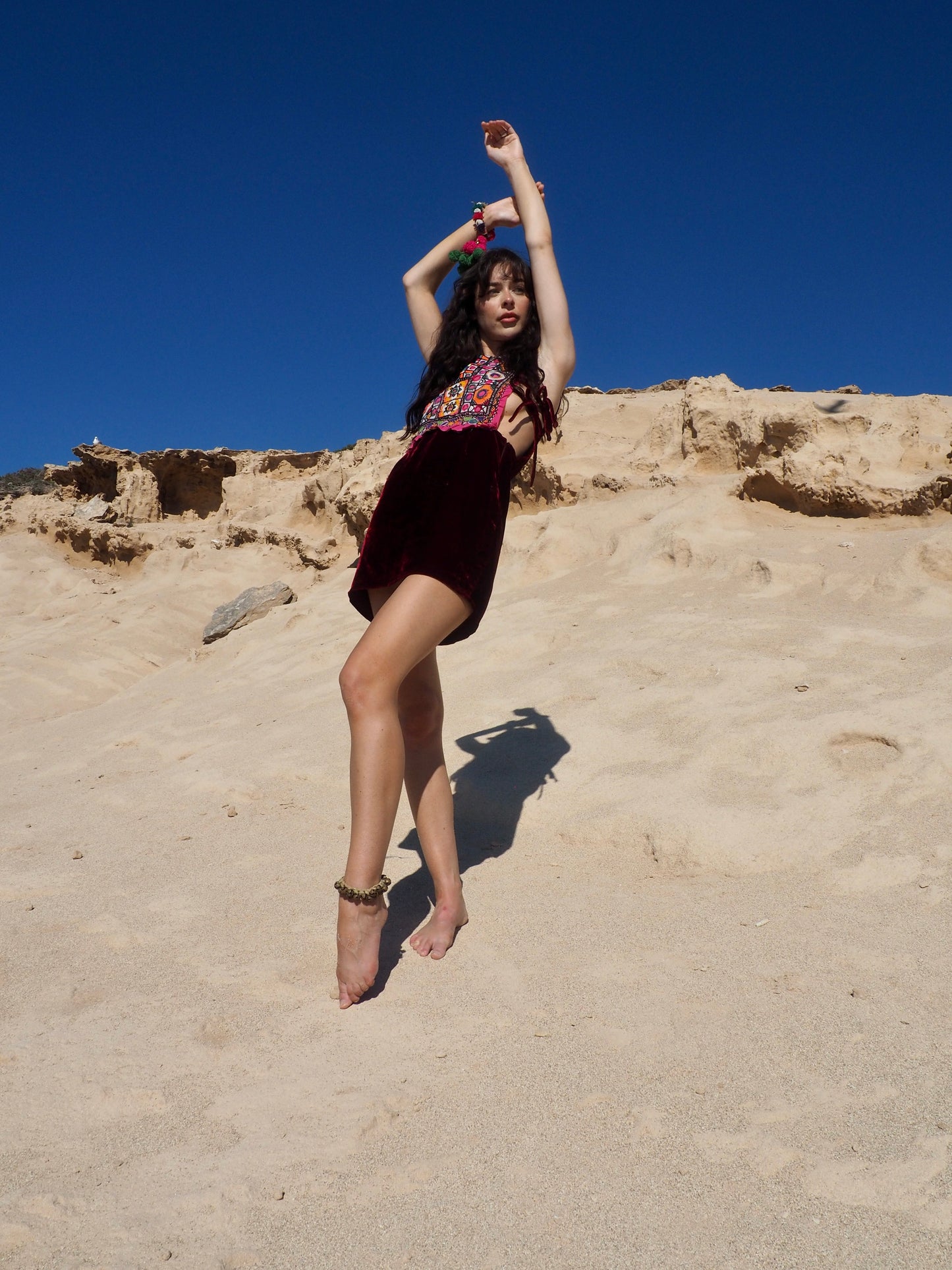 Vagabond Ibiza Up-cycled Vintage Indian Hand Embroidered Dress with vintage red velvet