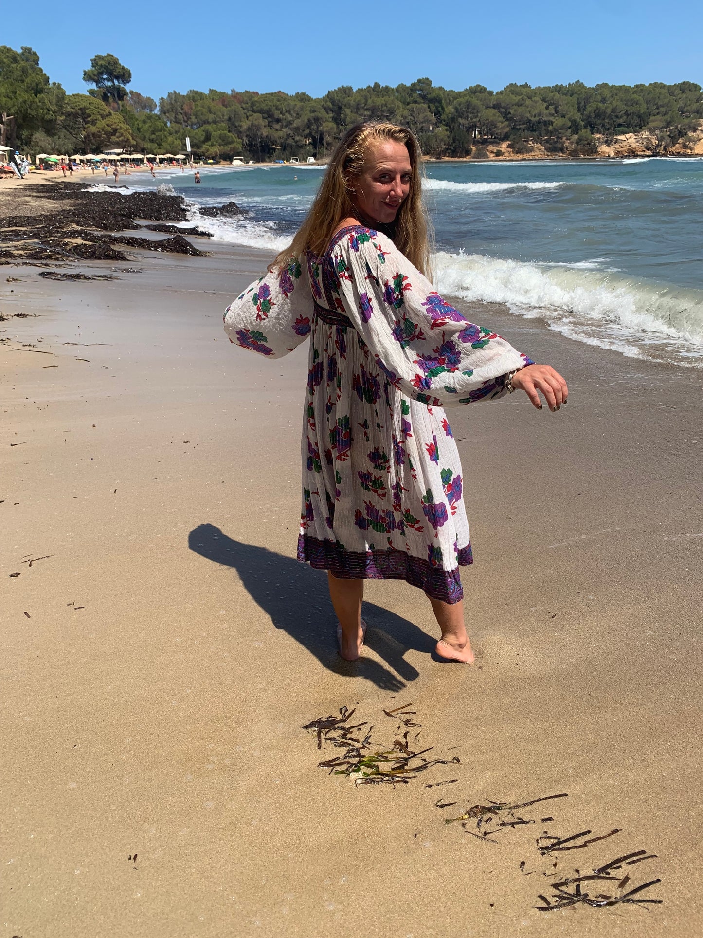 Vintage original rare 1970’s Indian block printed fine cotton dress in white with floral print