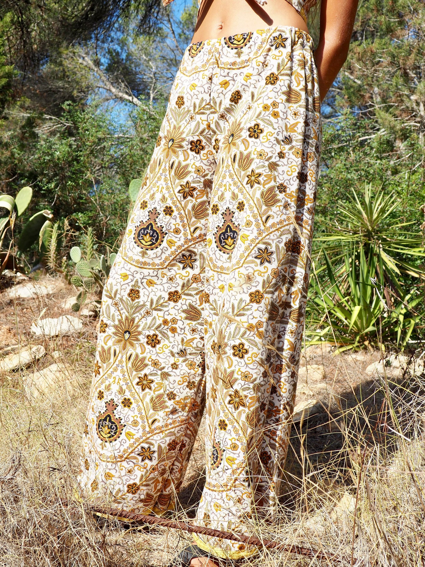 Up-cycled heavy cotton wide leg pants Cream yellow and black floral printed textiles from france very nice quality by Vagabond Ibiza made