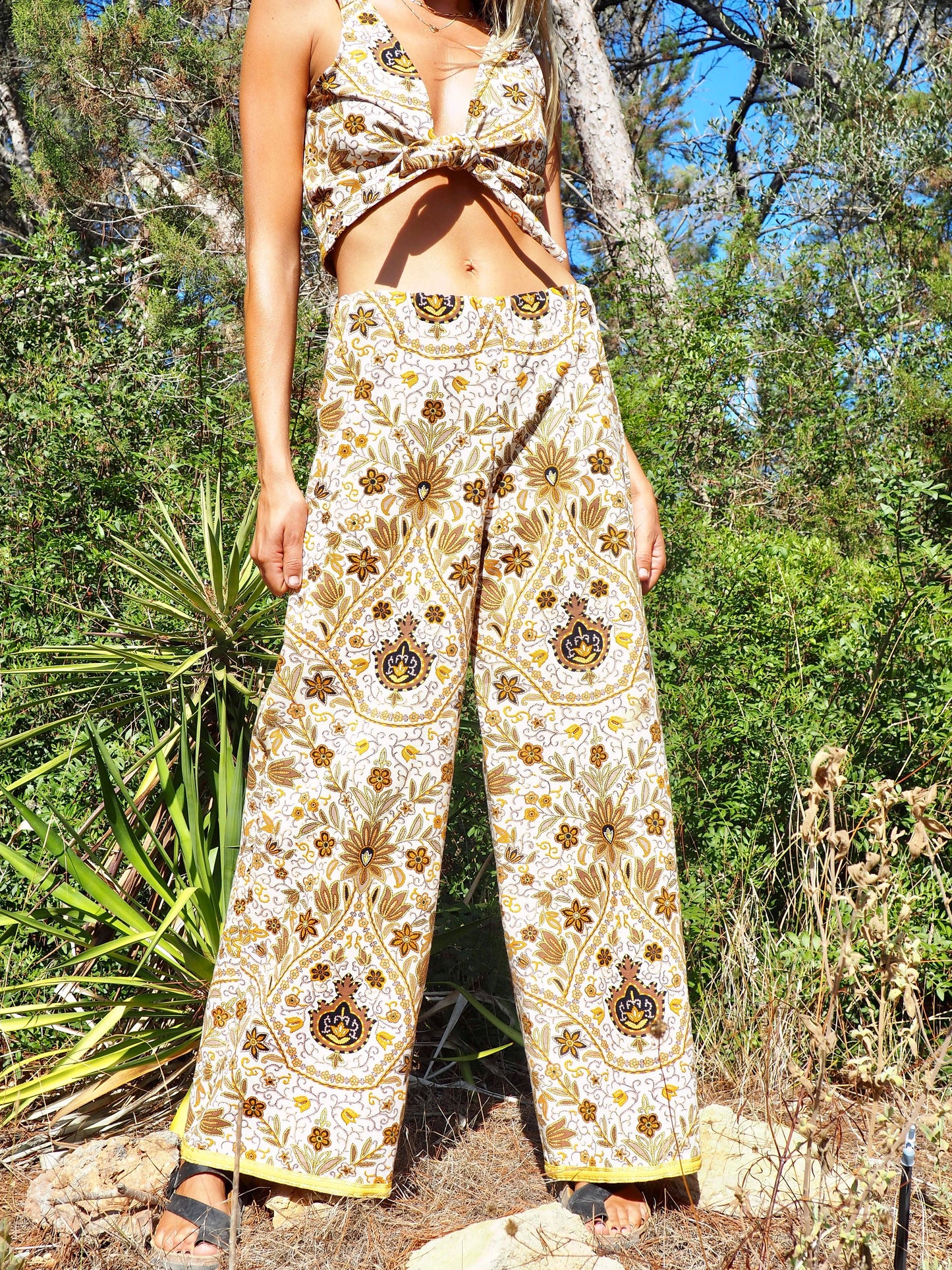 Up-cycled heavy cotton wide leg pants Cream yellow and black floral printed textiles from france very nice quality by Vagabond Ibiza made