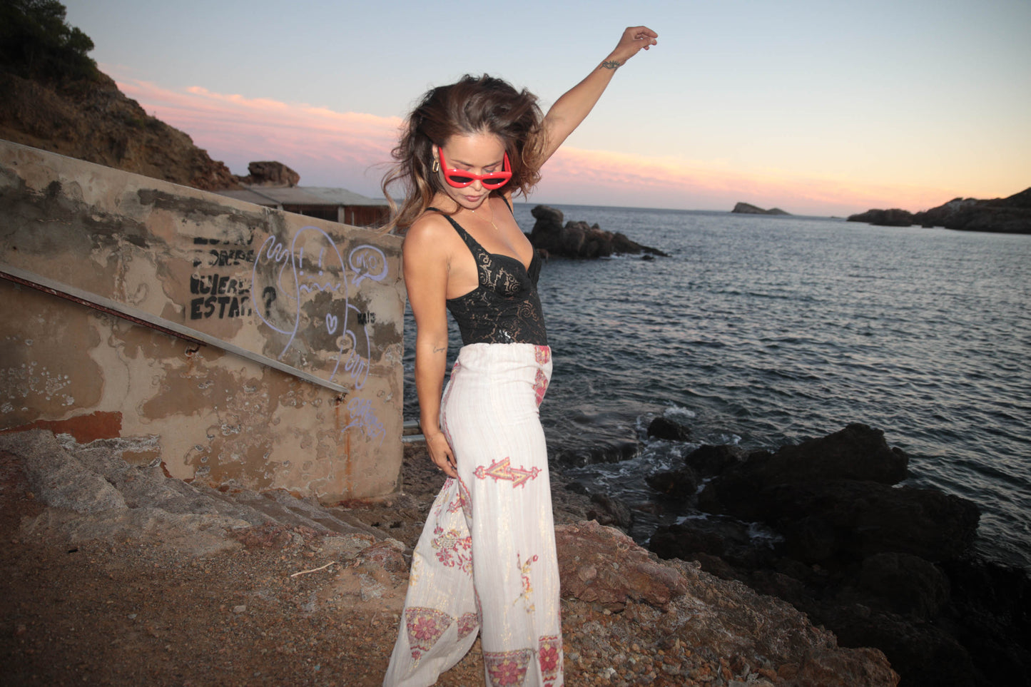 Vintage Indian cotton pants up-cycled by Vagabond Ibiza with block print design and gold thread detail