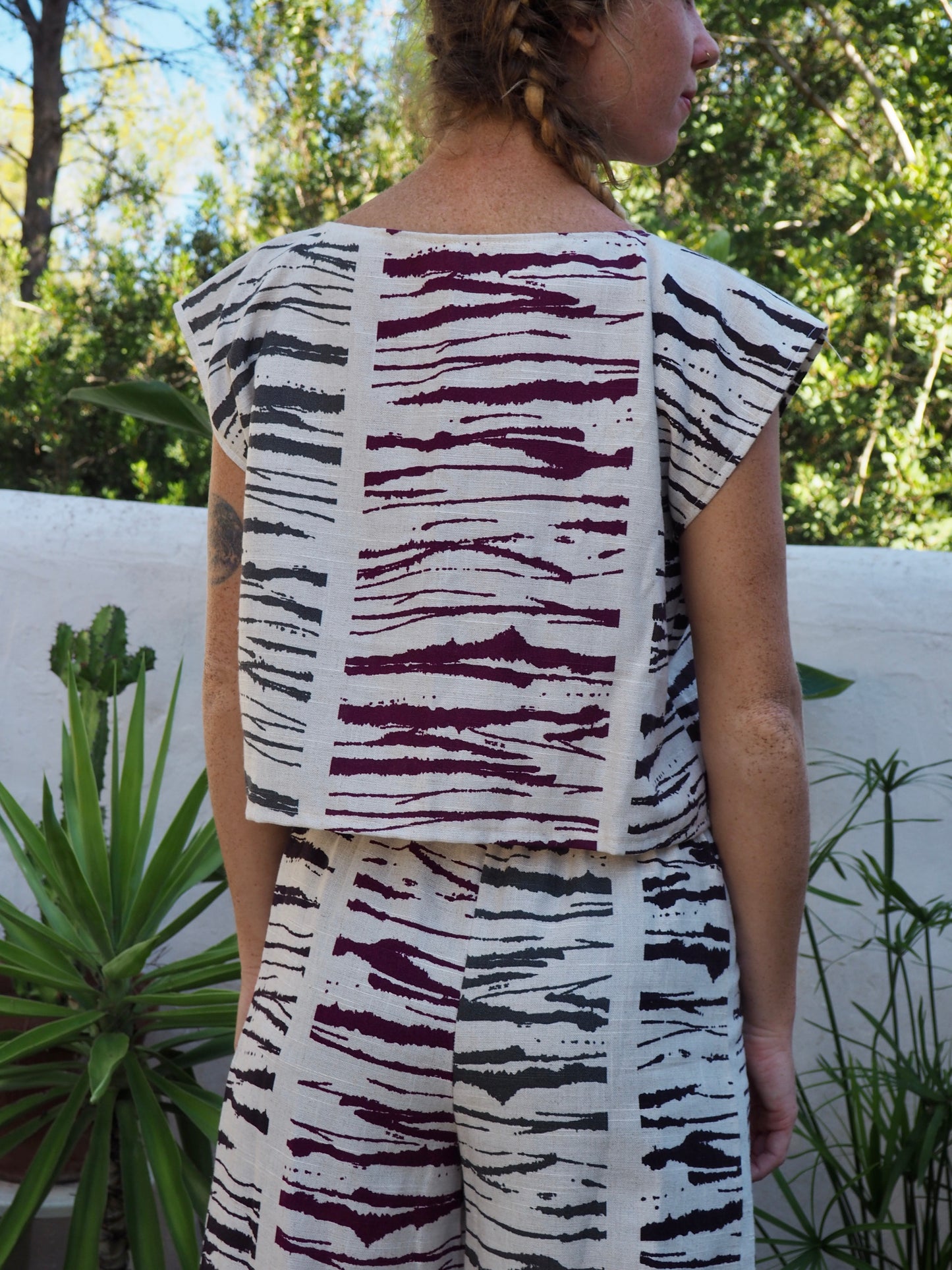 Super nice linen fabric with abstract print up-cycled t-shirt top made by Vagabond Ibiza
