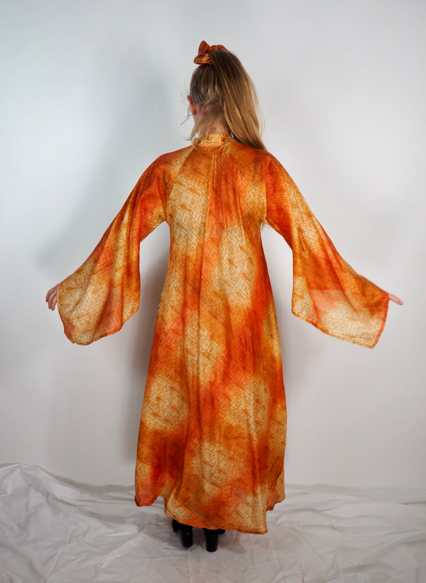 The Diamond Bias-Cut Maxi Dress – Up-cycled Vintage Sari Sustainable Dress with angel Sleeves + Matching Scrunchy & Bag