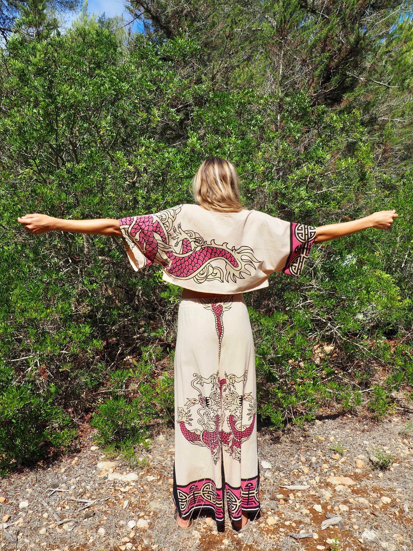 Up-cycled vintage cotton top cream and pink with dragon design by Vagabond Ibiza