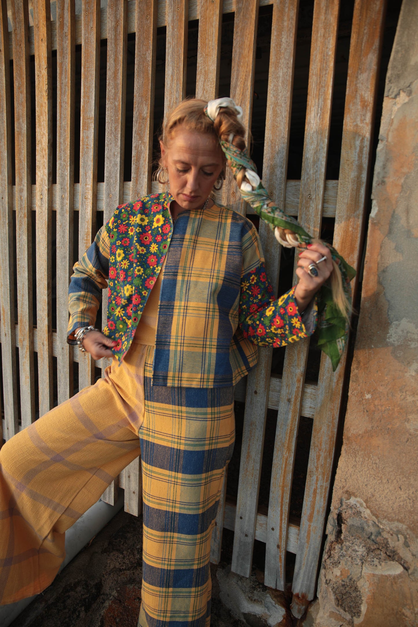 Up-cycled vintage yellow check cotton patchwork jackets with retro 1970’s floral print textiles panel's made by Vagabond Ibiza