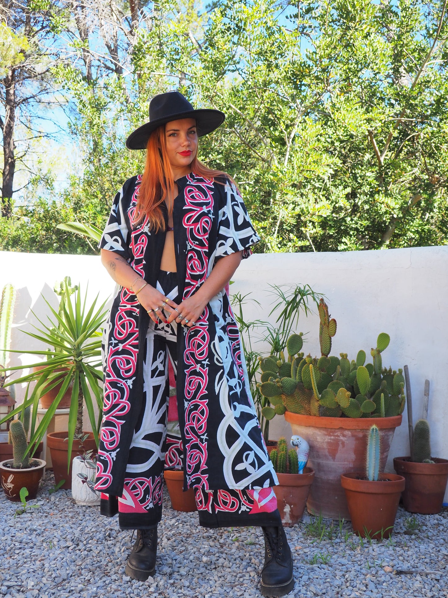 Long oversized waistcoat jacket up-cycled by Vagabond Ibiza from screen printed cotton textiles super cool.