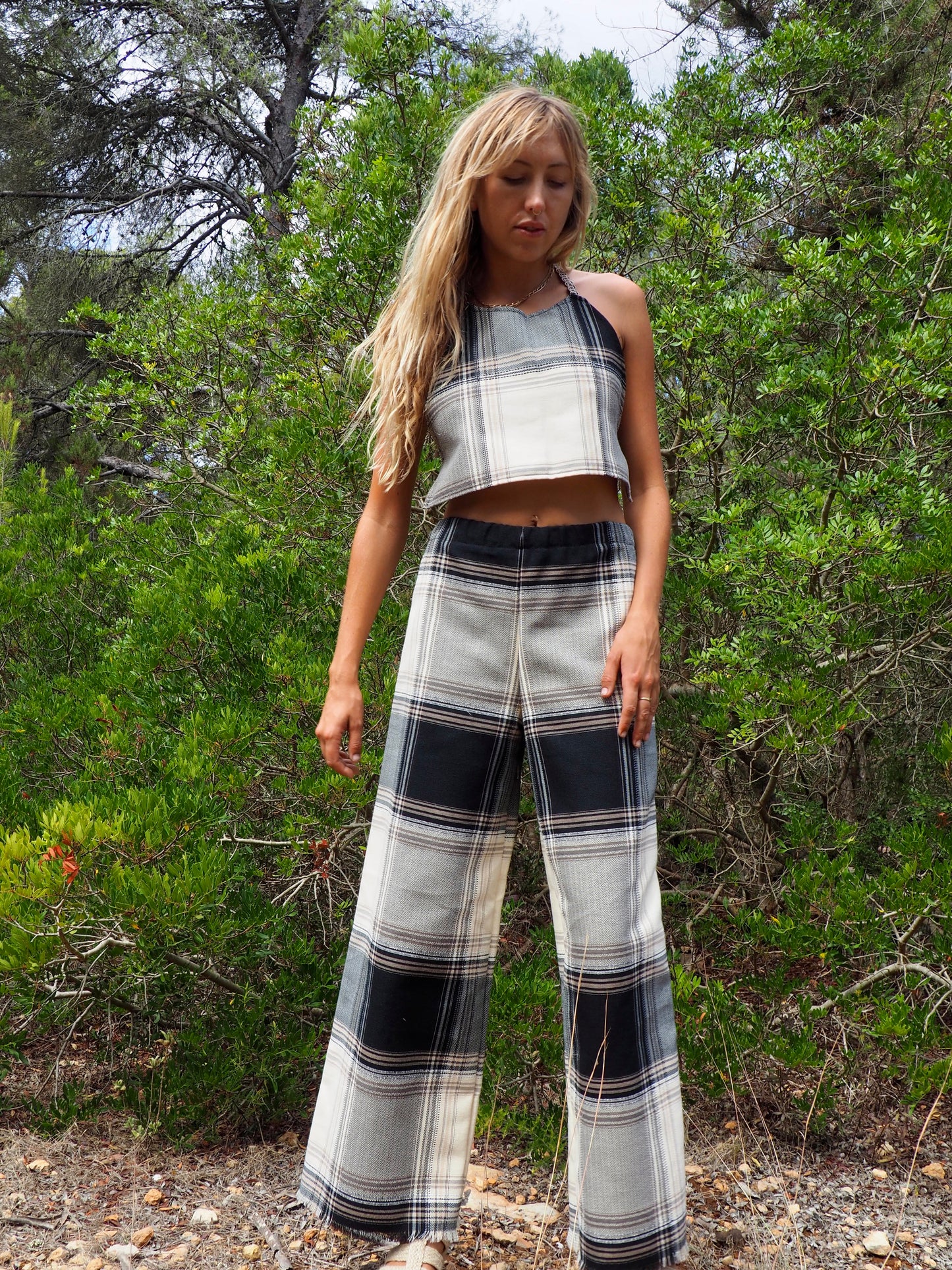 Up-cycled black and white checked tie crop top with nice quality a high end woven made by Vagabond Ibiza