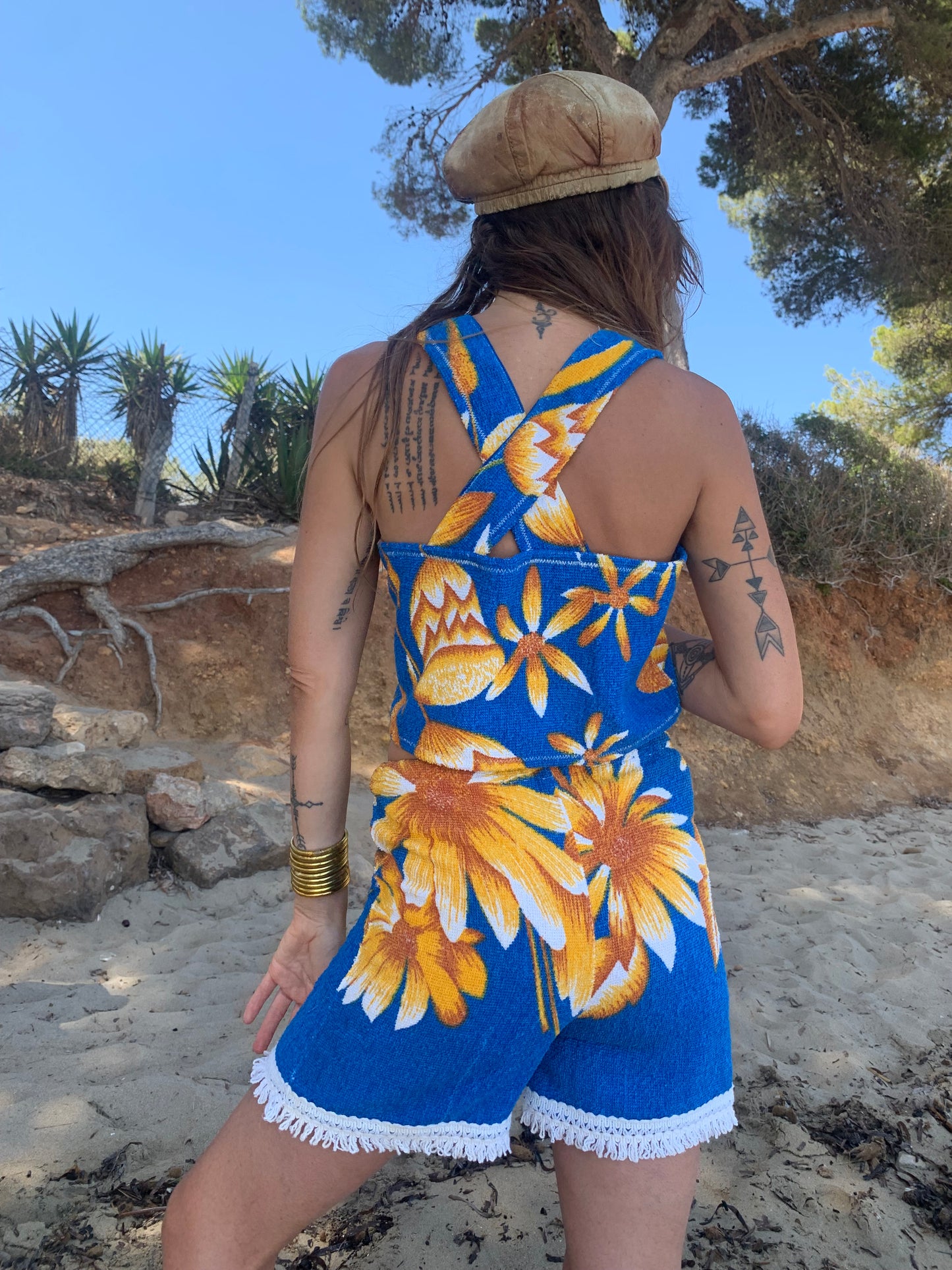 Up-cycled terry towelling shorts only by Vagabond Ibiza bright blue with orange floral detail