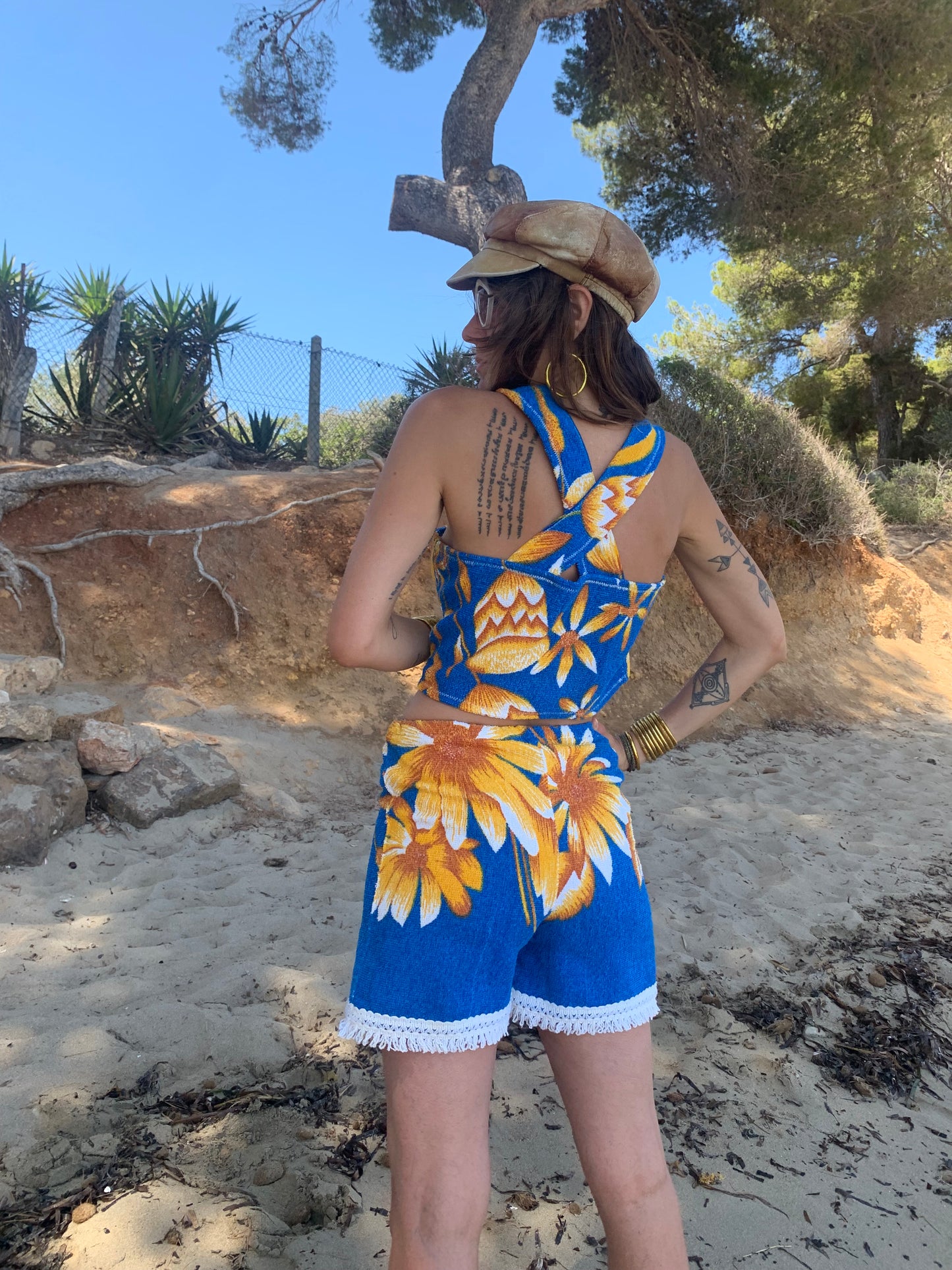 Up-cycled terry towelling shorts only by Vagabond Ibiza bright blue with orange floral detail