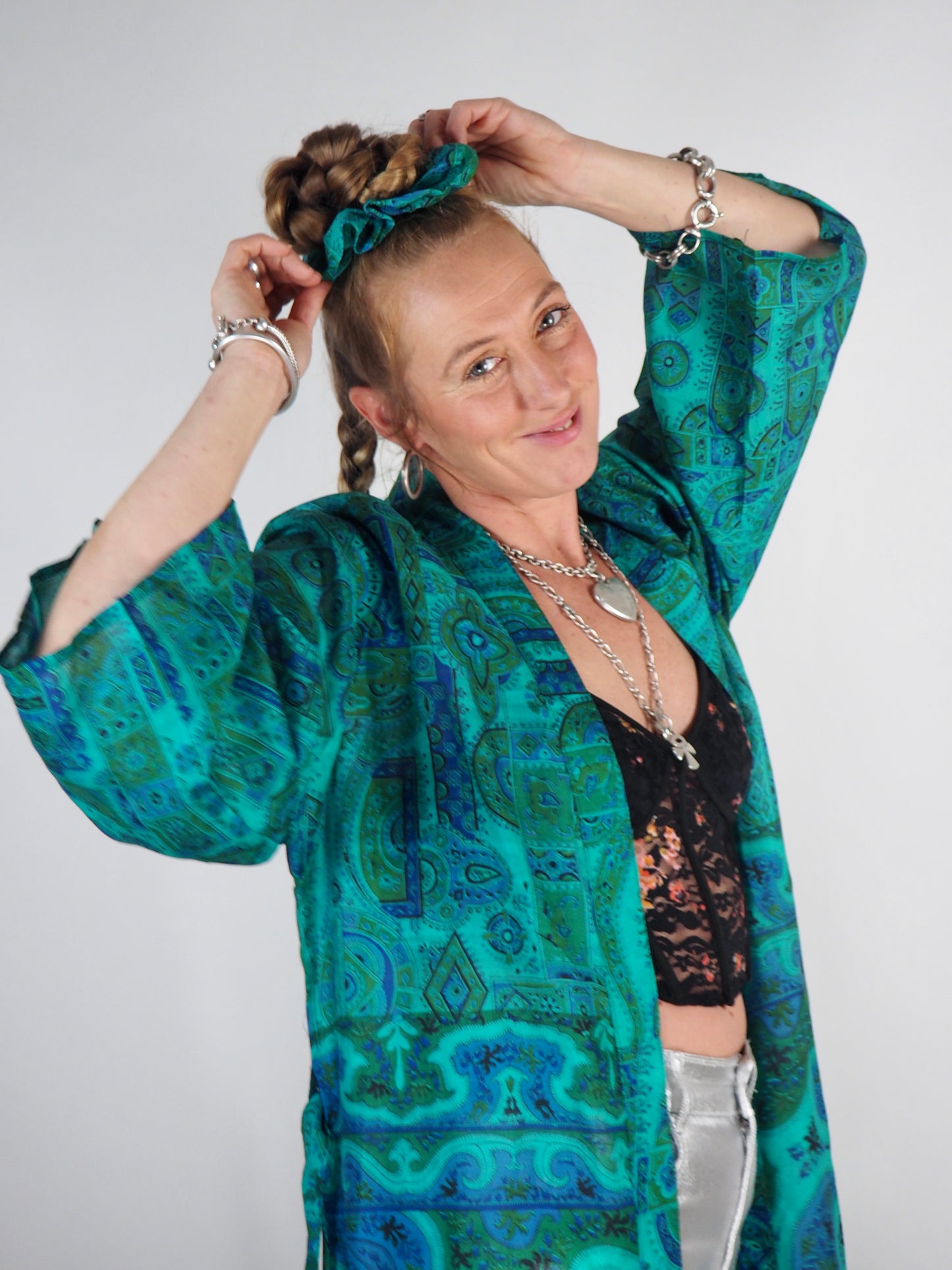 The Kardash Long Kimono – Up-cycled Vintage Sari long Kimono Robe with Waist Tie + Matching Scrunchy & Storage Bag