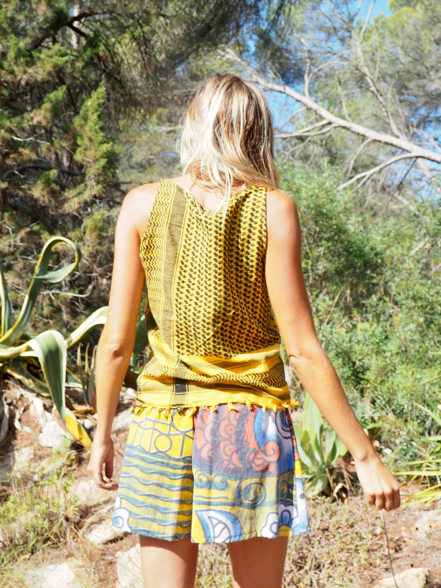 Up-cycled cotton funky bright colourful patchwork printed vest t-shirt top by Vagabond Ibiza