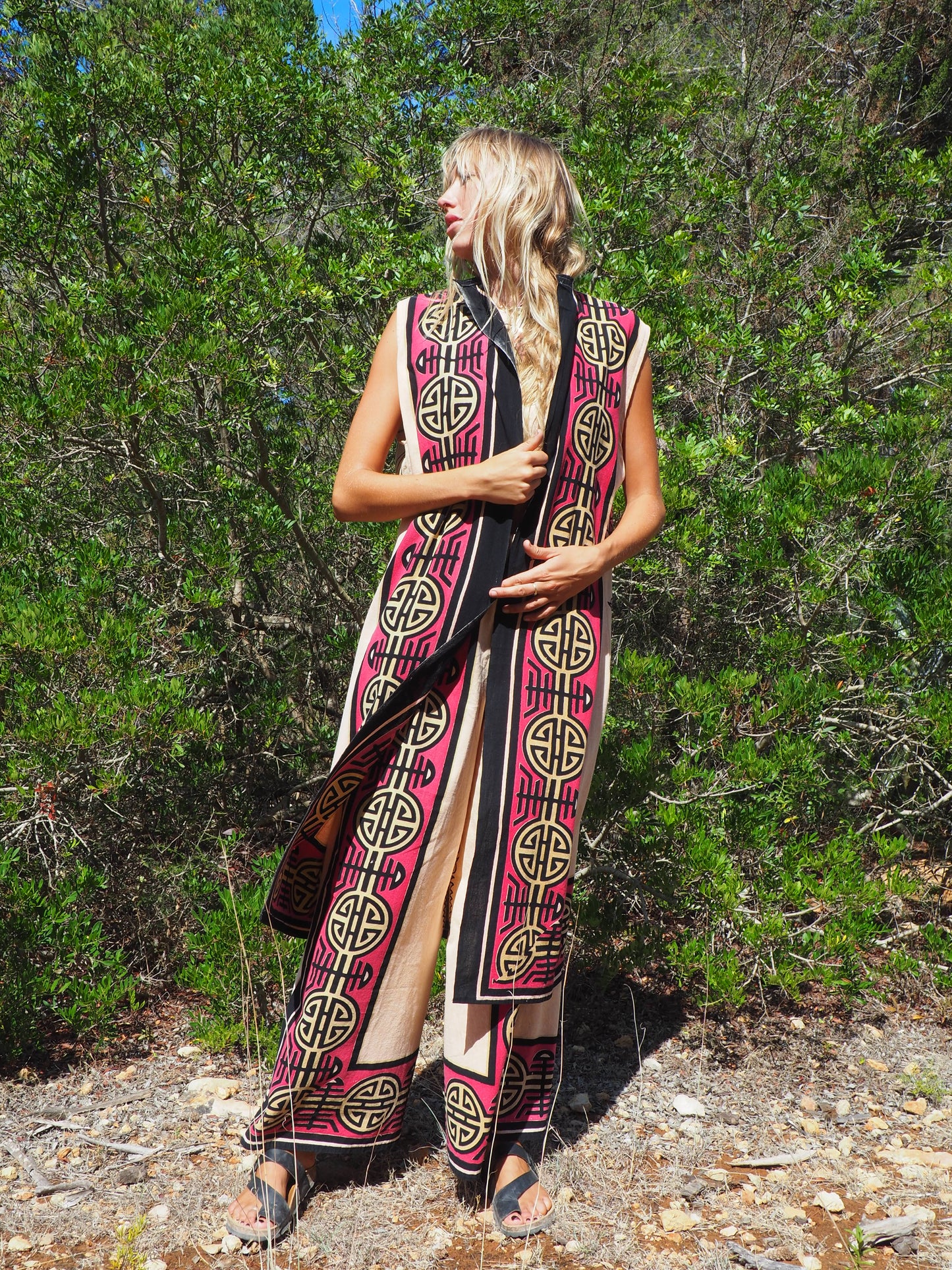 Up-cycled cotton long kimono waistcoat in pink and cream with dragon design and circular motifs by Vagabond Ibiza