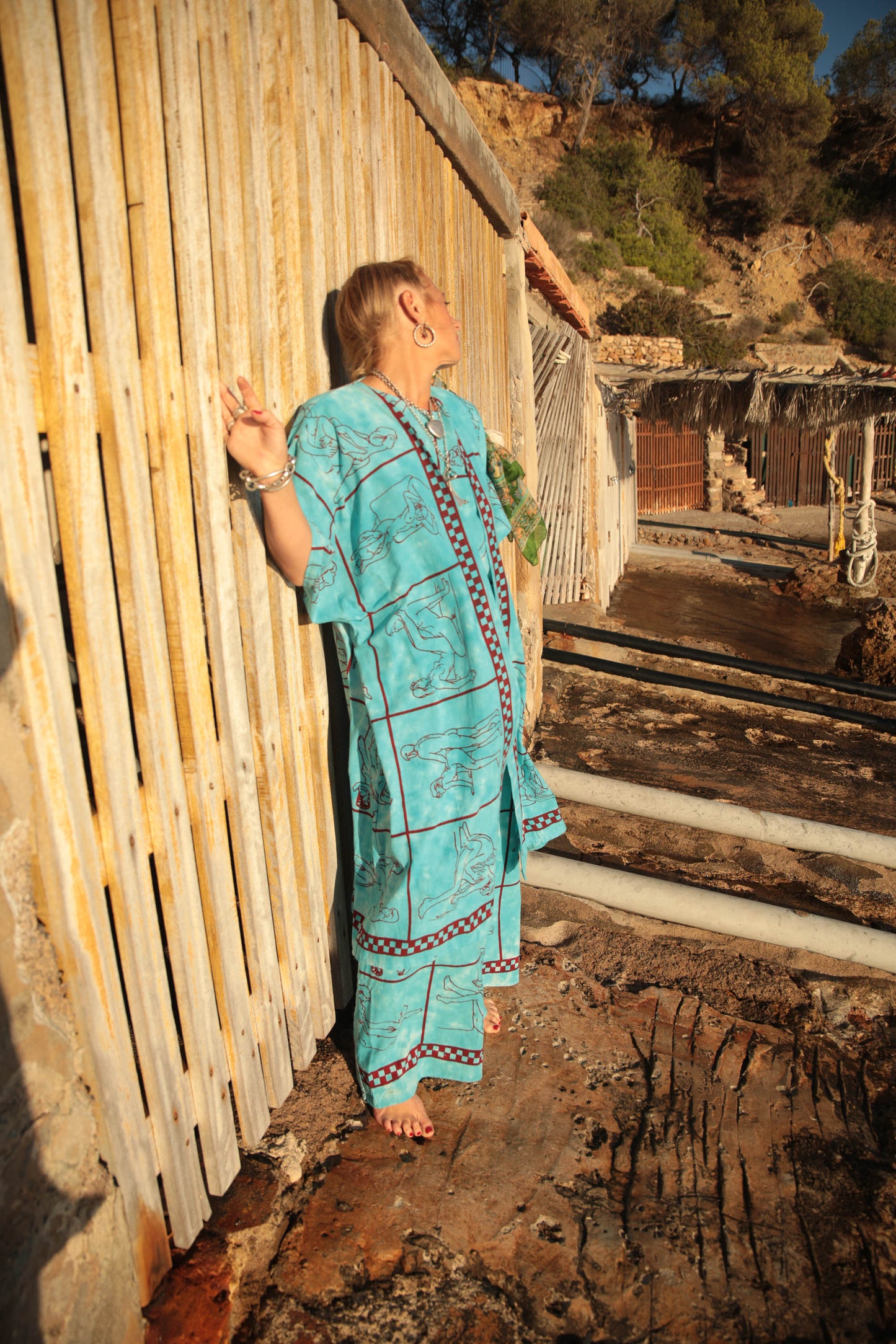 Up-cycled vintage cotton 2 piece set top and length kimono cover up with printed karma sutra design in bright blue pants sold separate