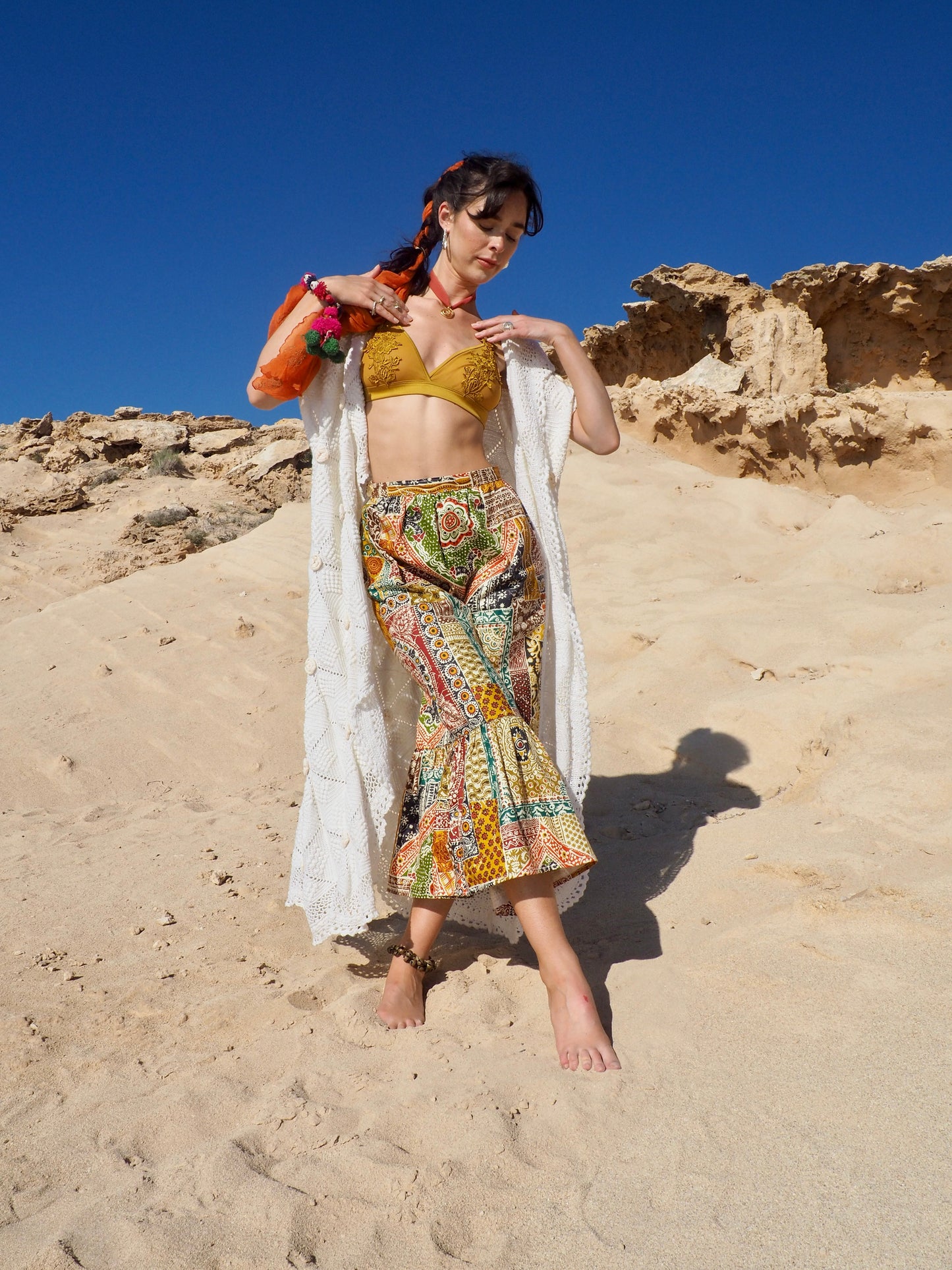 Vintage 1970s Cotton Patchwork Printed Maxi Skirt
