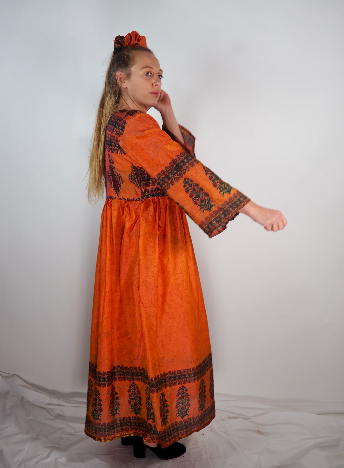 The Vadella Up-cycled Vintage Re-cycled Sari Maxi Dress – Sustainable Boho Dress with Tie Neck Detail + Matching Scrunchy & Bag