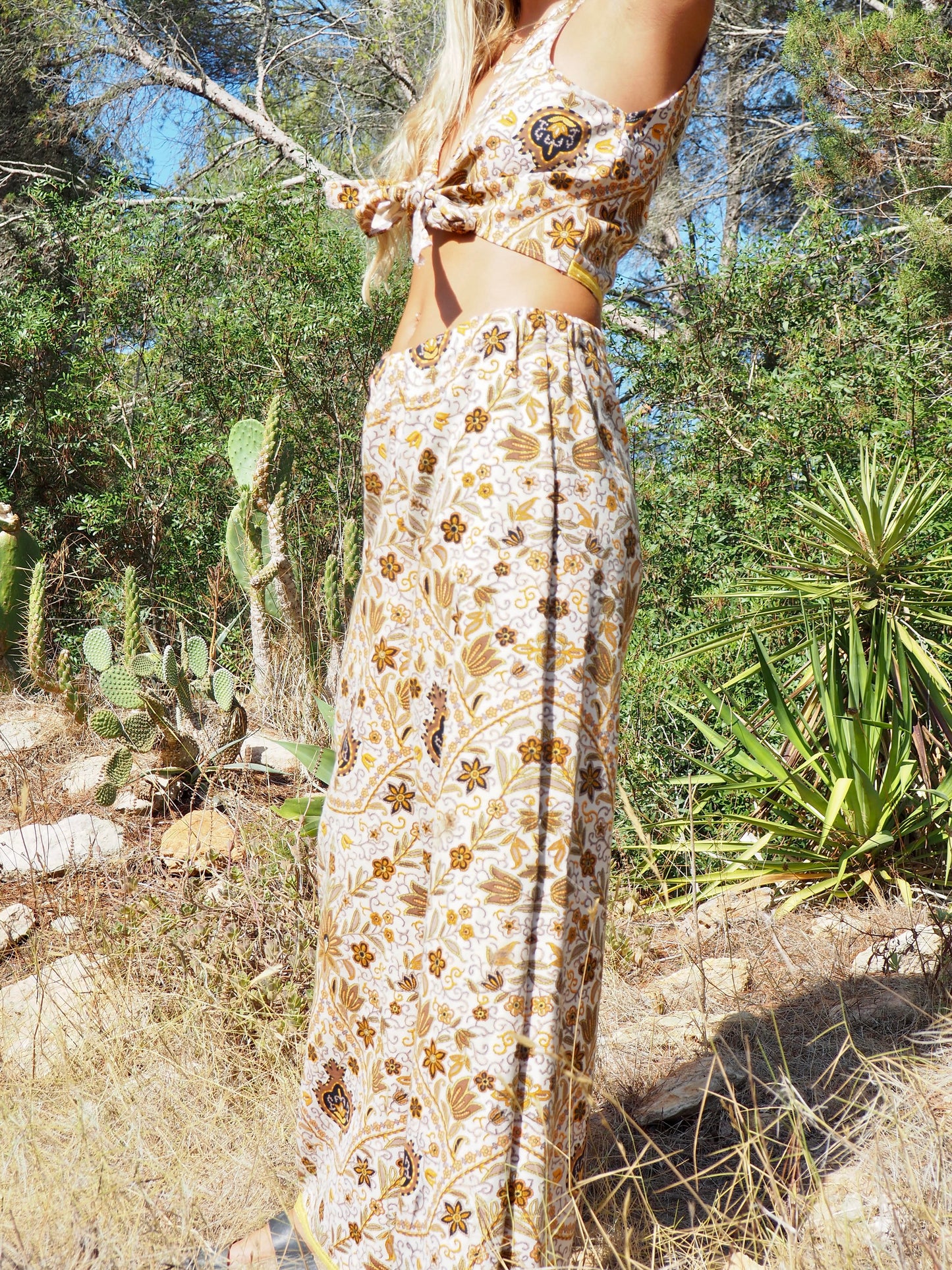 Up-cycled heavy cotton wide leg pants Cream yellow and black floral printed textiles from france very nice quality by Vagabond Ibiza made