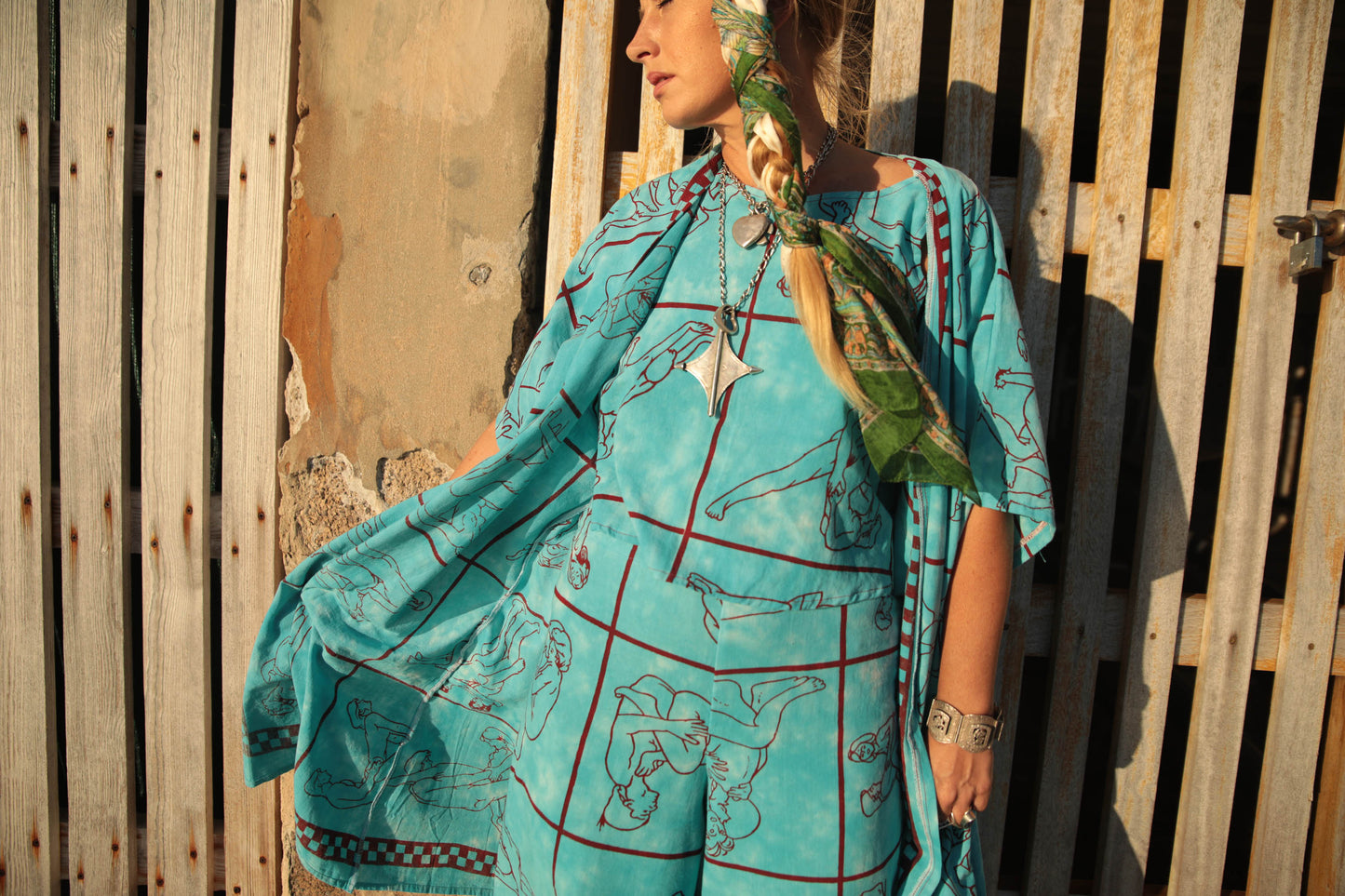 Up-cycled vintage cotton 2 piece set top and length kimono cover up with printed karma sutra design in bright blue pants sold separate