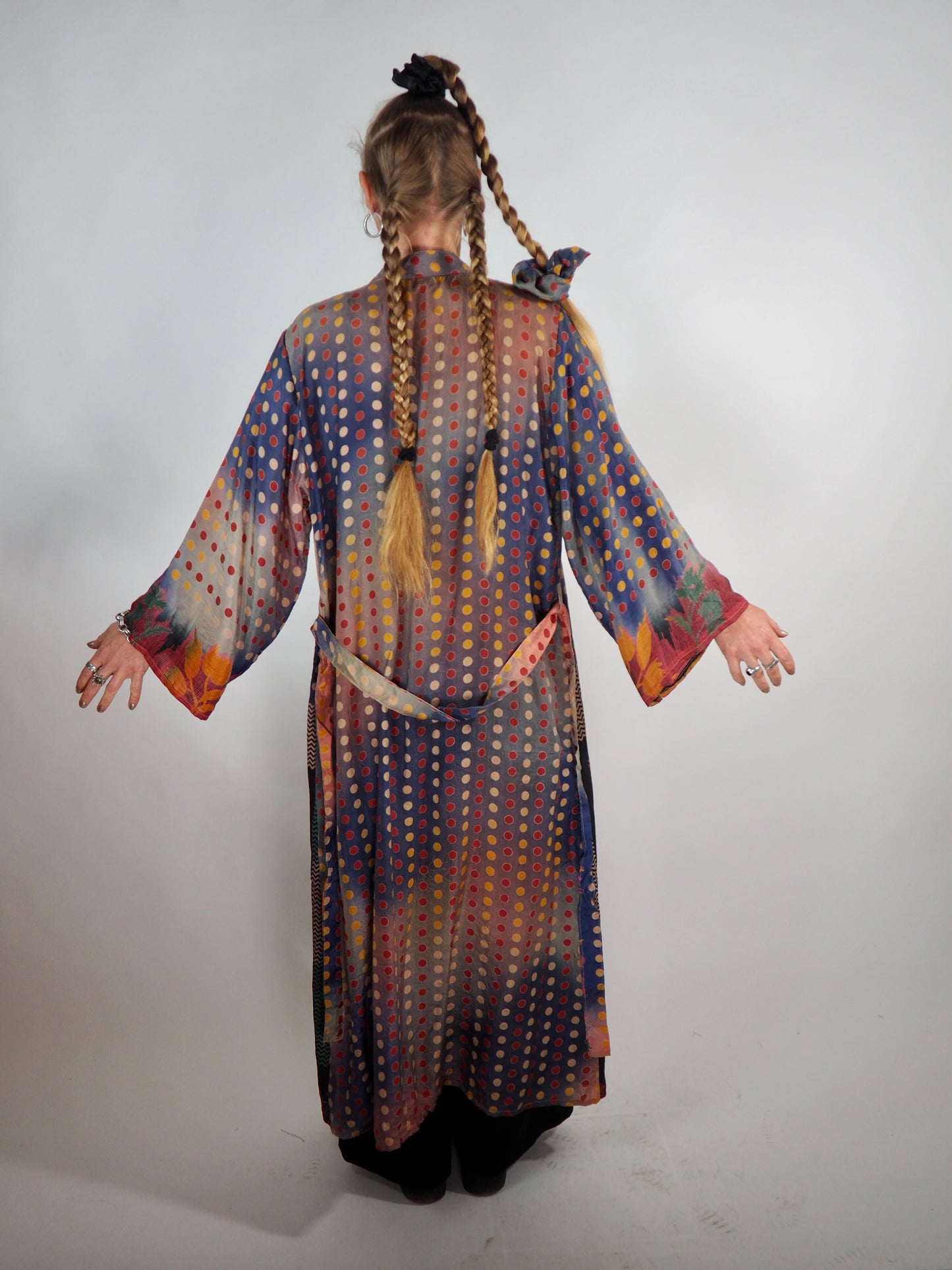 The Kardash Long Kimono – Up-cycled Vintage Sari long Kimono Robe with Waist Tie + Matching Scrunchy & Storage Bag