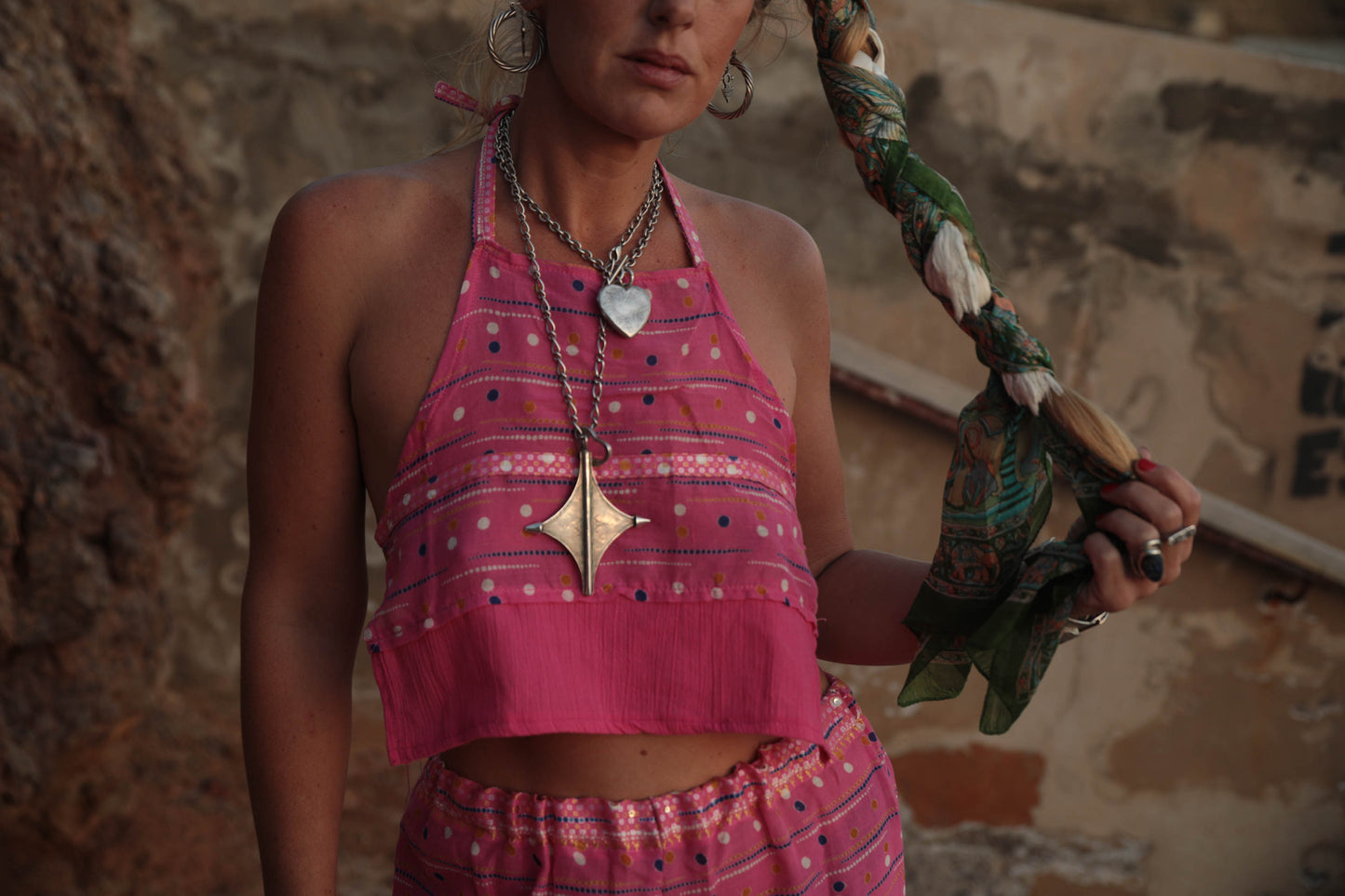 Up-cycled vintage cotton 2 piece set tie top and pants in super thin lightweight pink printed cotton perfect for beach days and vibes around Ibiza town.