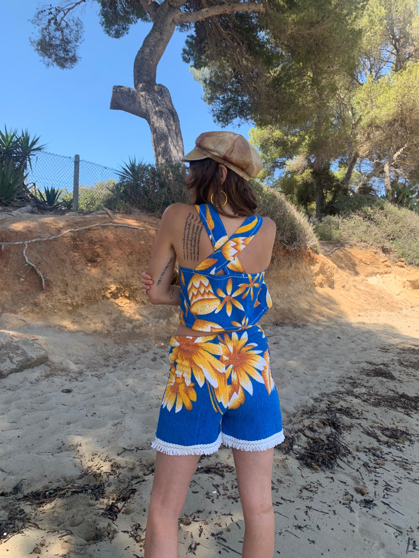 Up-cycled terry towelling shorts only by Vagabond Ibiza bright blue with orange floral detail