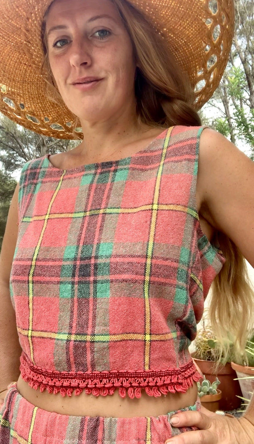 Vintage red and green 1970’s checked table cloth reversible tie crop top by Vagabond Ibiza