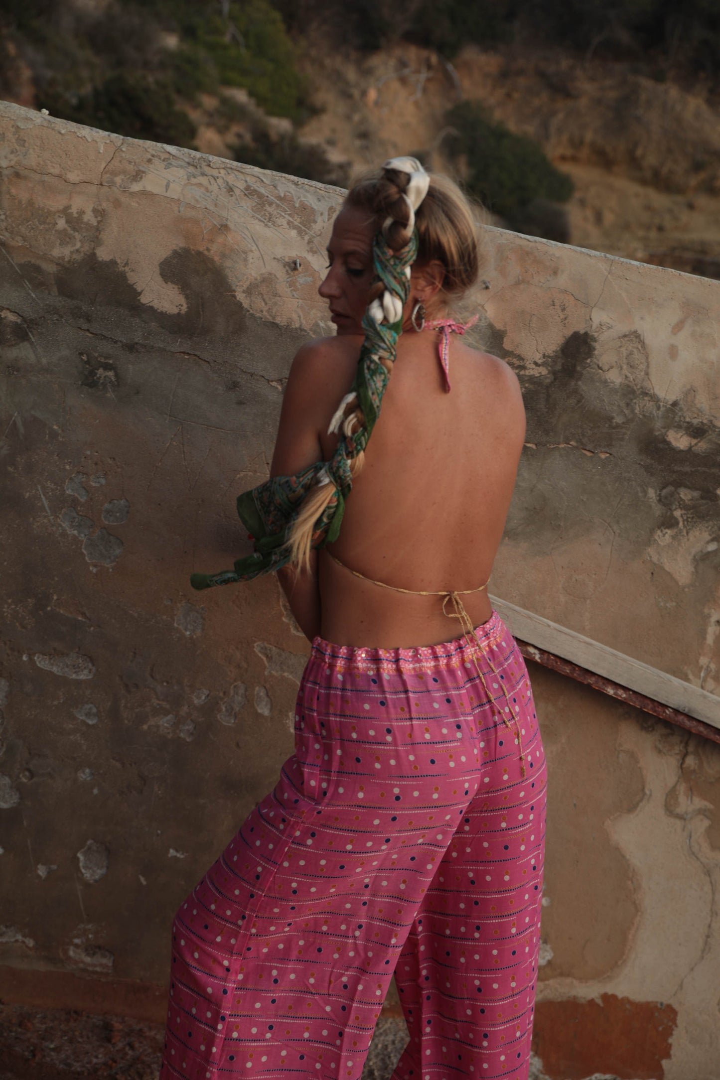 Up-cycled vintage cotton 2 piece set tie top and pants in super thin lightweight pink printed cotton perfect for beach days and vibes around Ibiza town.