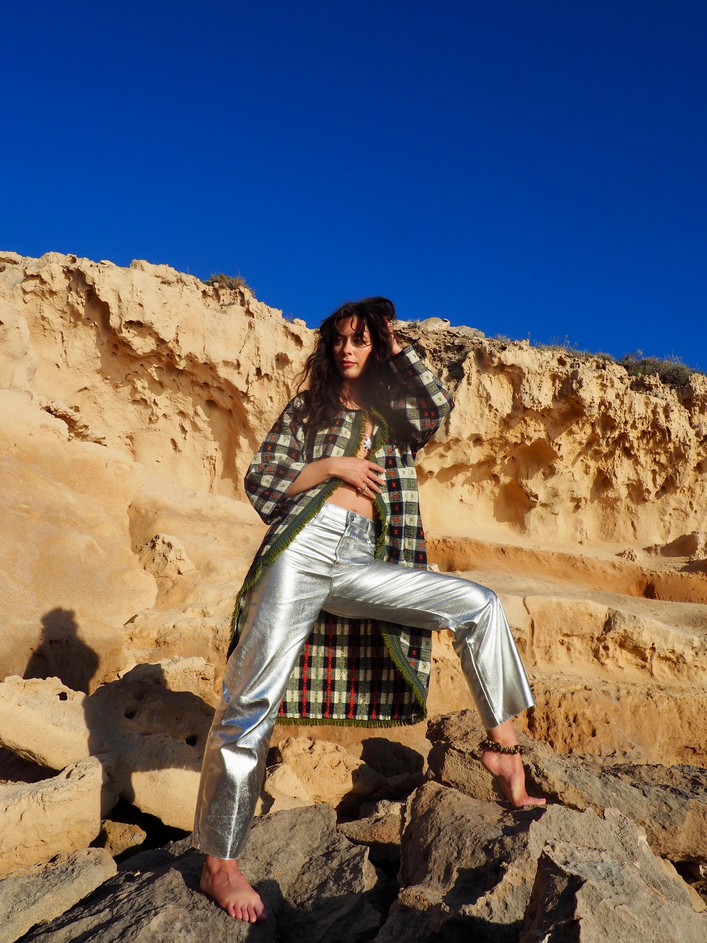 Up-cycled Vintage Long Full Jacket in Green, White, Black, and Red with Green Trim - Made by Vagabond Ibiza