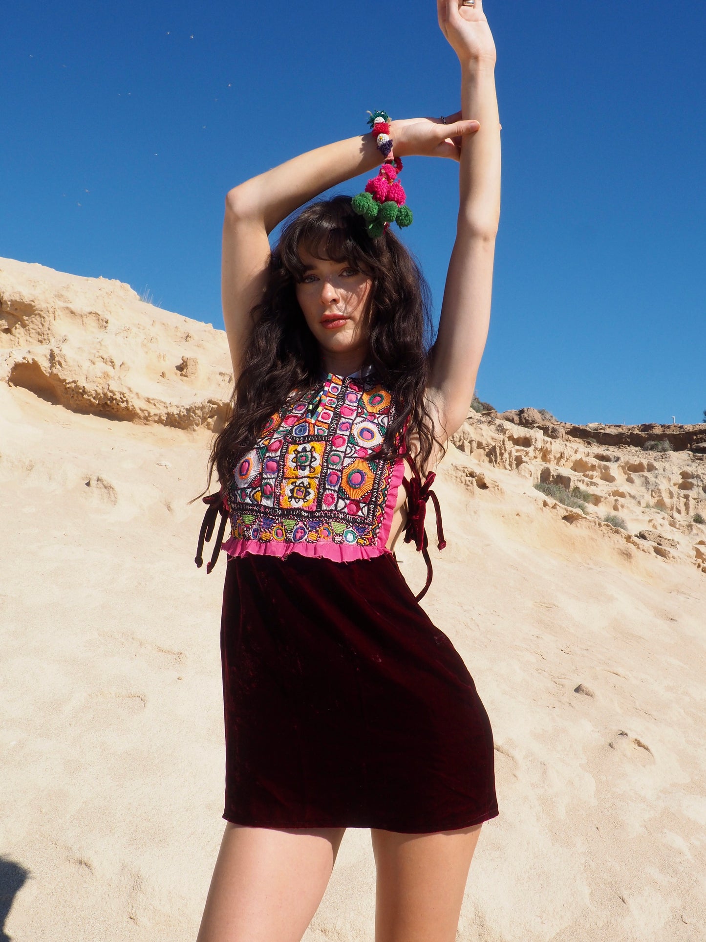 Vagabond Ibiza Up-cycled Vintage Indian Hand Embroidered Dress with vintage red velvet